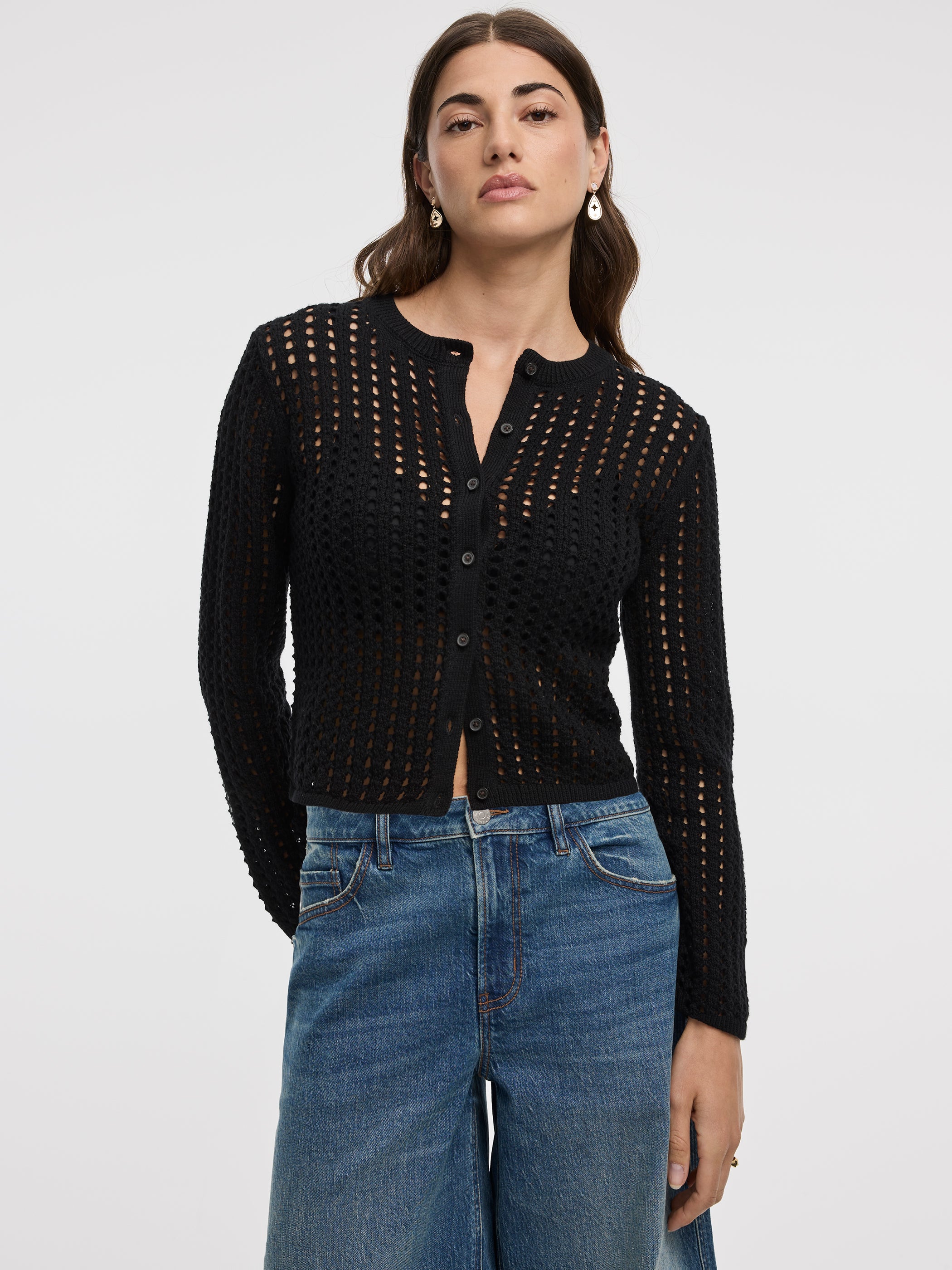 Long-Sleeve Crew-Neck Cardigan with Open Stitches