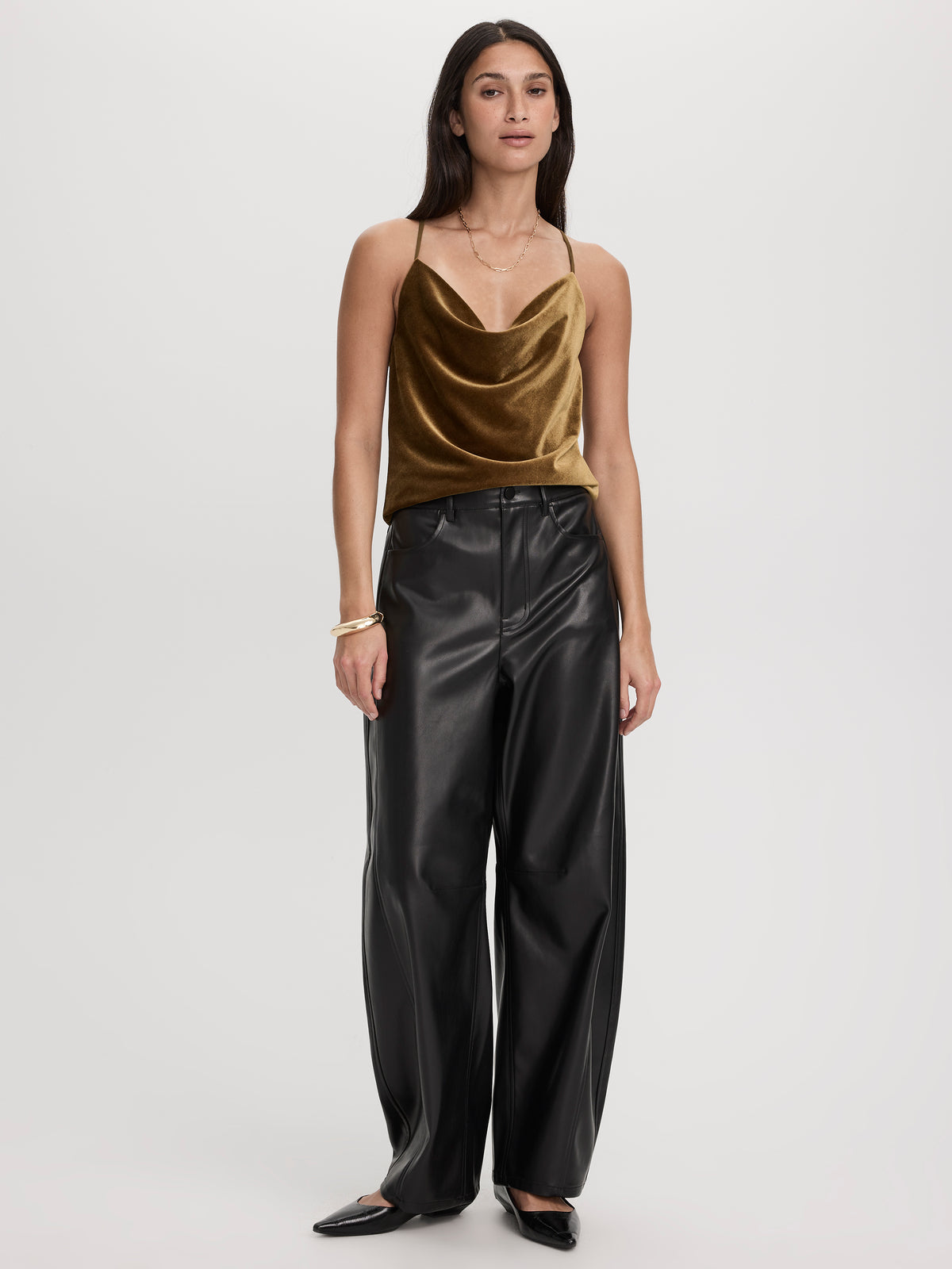 Faux Leather Mid-Rise Barrel Pant
