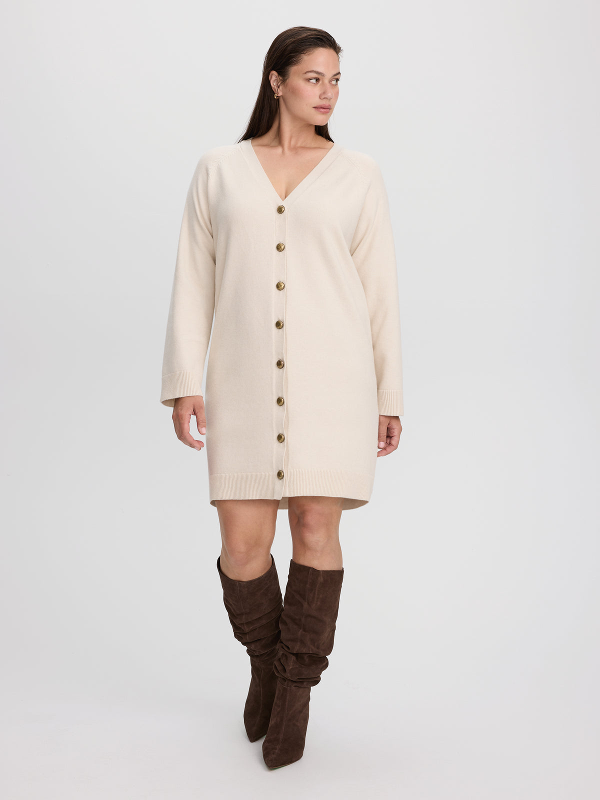 Long-Sleeve V-Neck Buttoned-Down Mini Dress