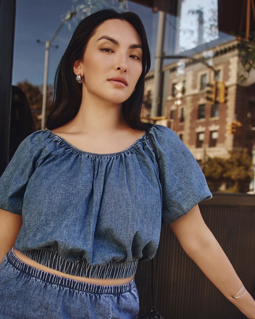 Short-Puffy-Sleeve Denim Top with Boat Neckline