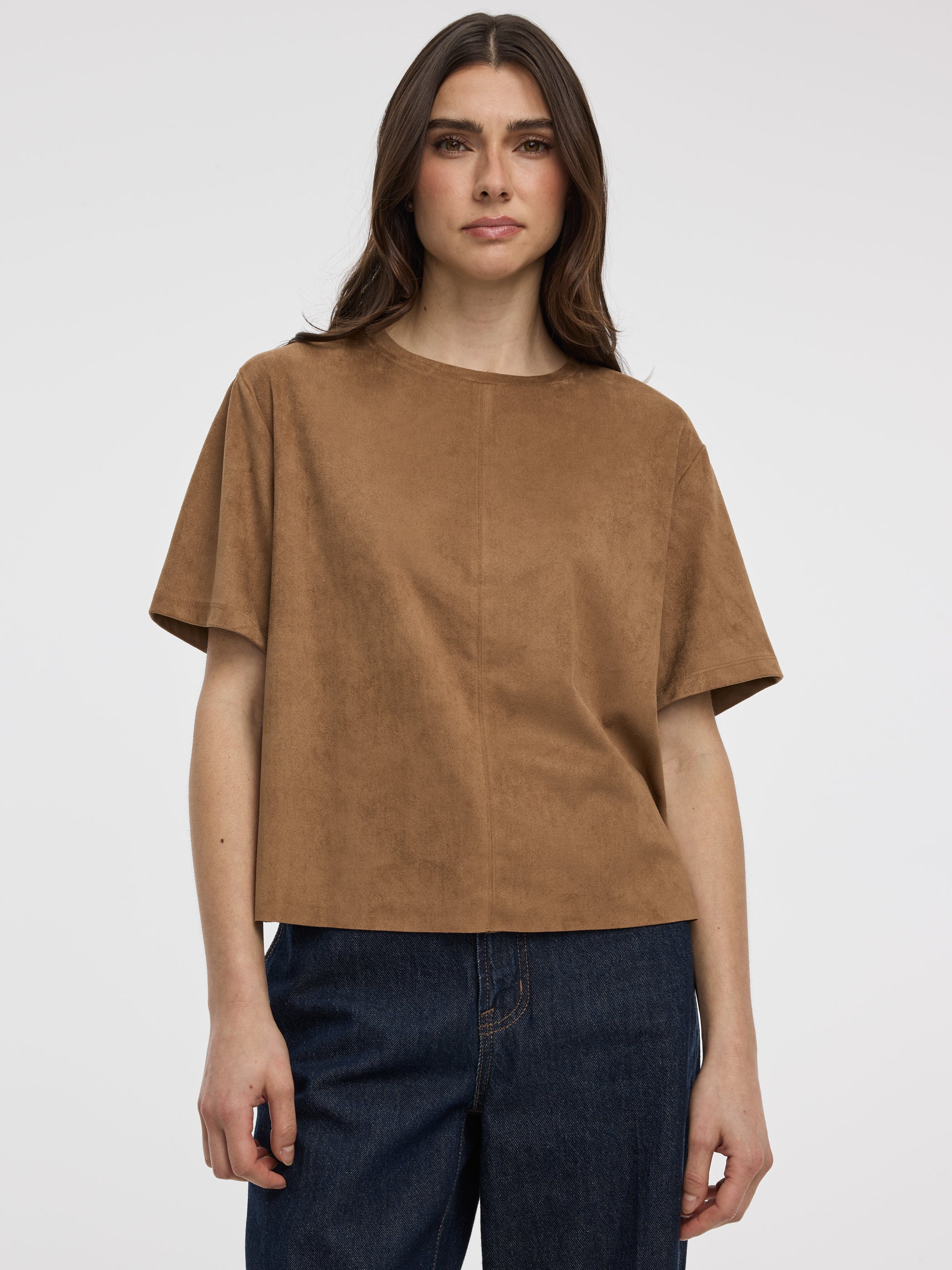 Women's Faux-Suede Crew-Neck T-Shirt, Semi-Fitted Short Sleeve