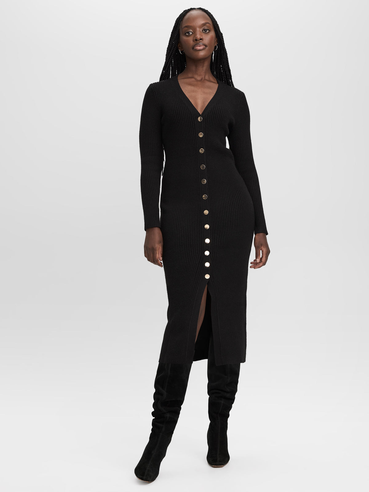 Long-Sleeve V-Neck Buttoned-Down Midi Dress