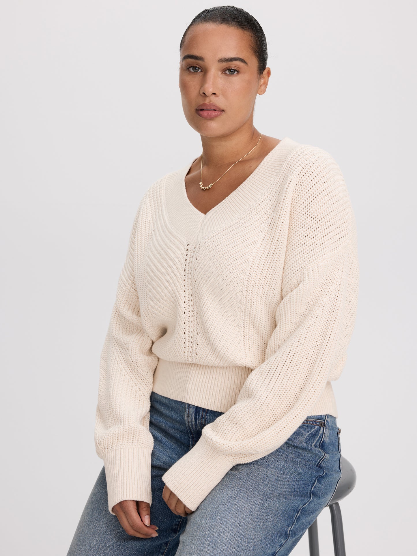 Long-Sleeve V-Neck Sweater with Half-Cardigan Stitches