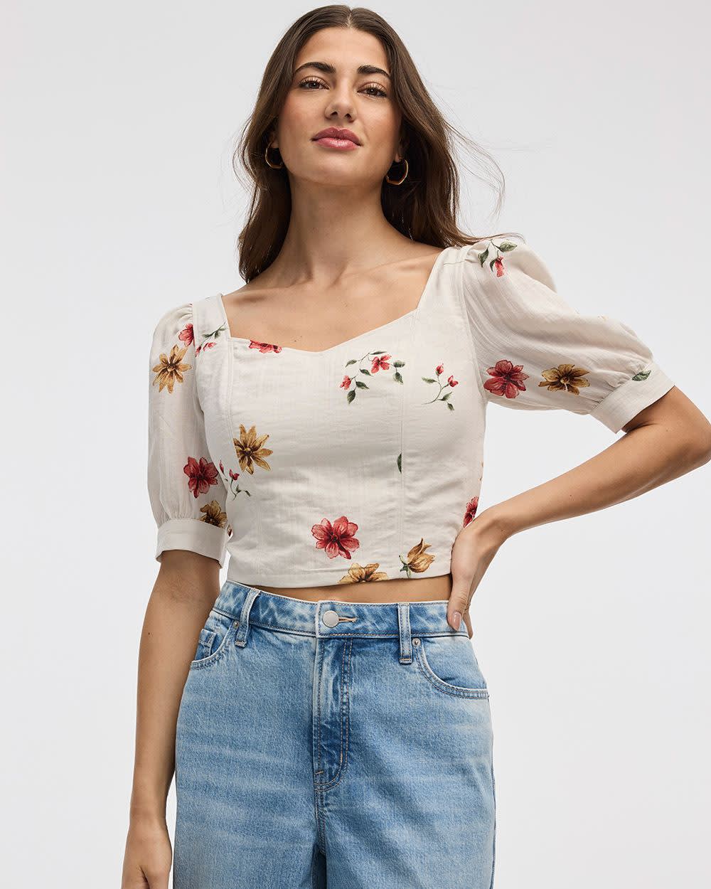 Short-Puffy-Sleeve Bustier Top with Sweetheart Neckline