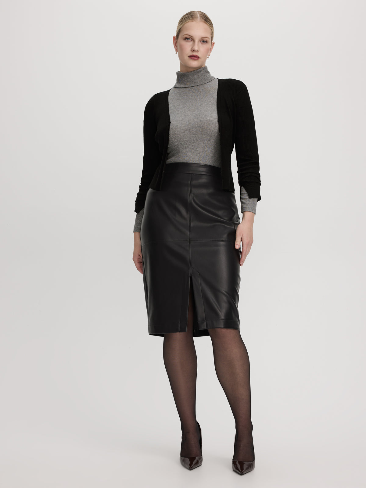 Faux Leather Pencil Midi Skirt