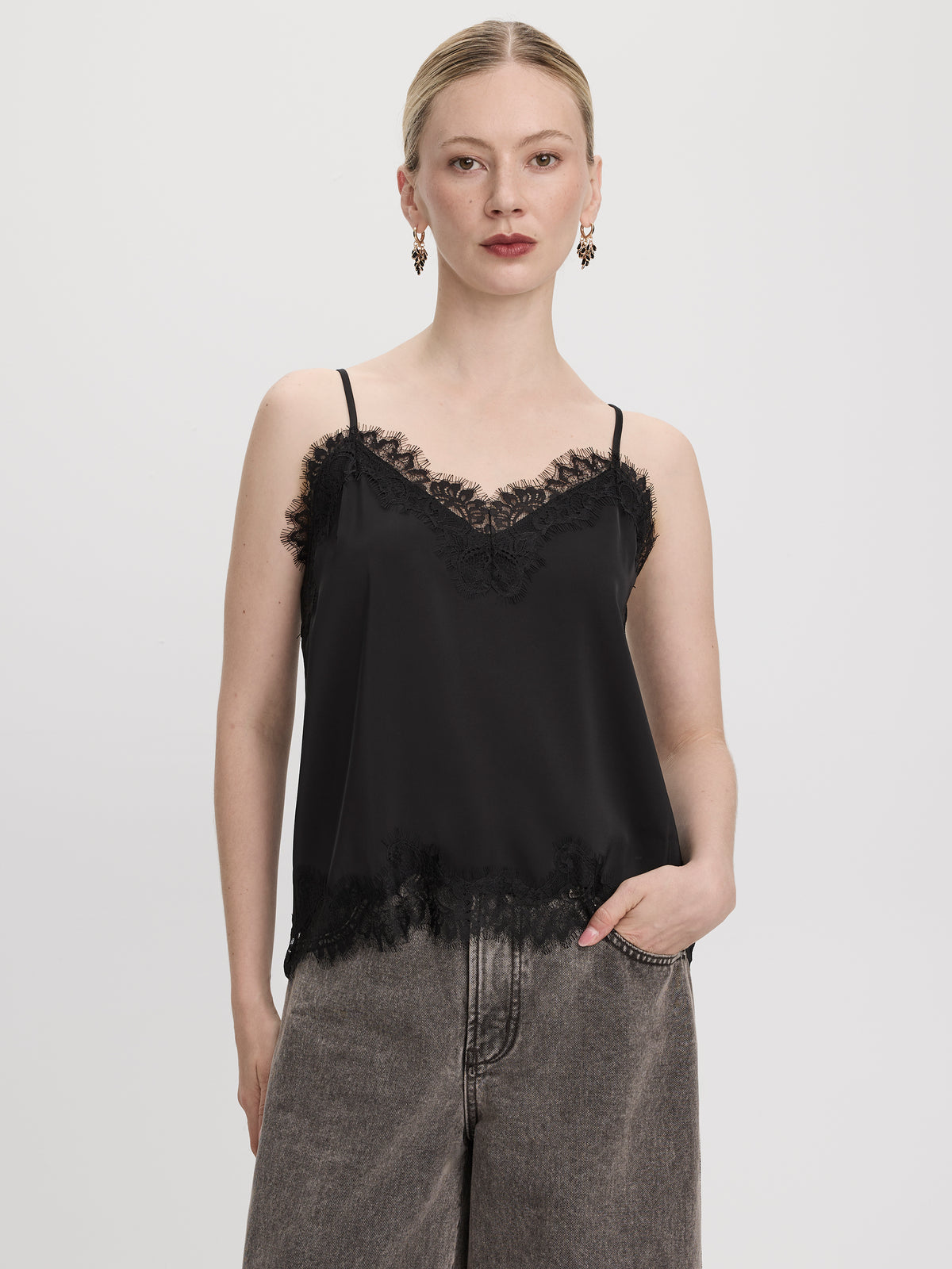 V-Neck Cami with Lace Trim