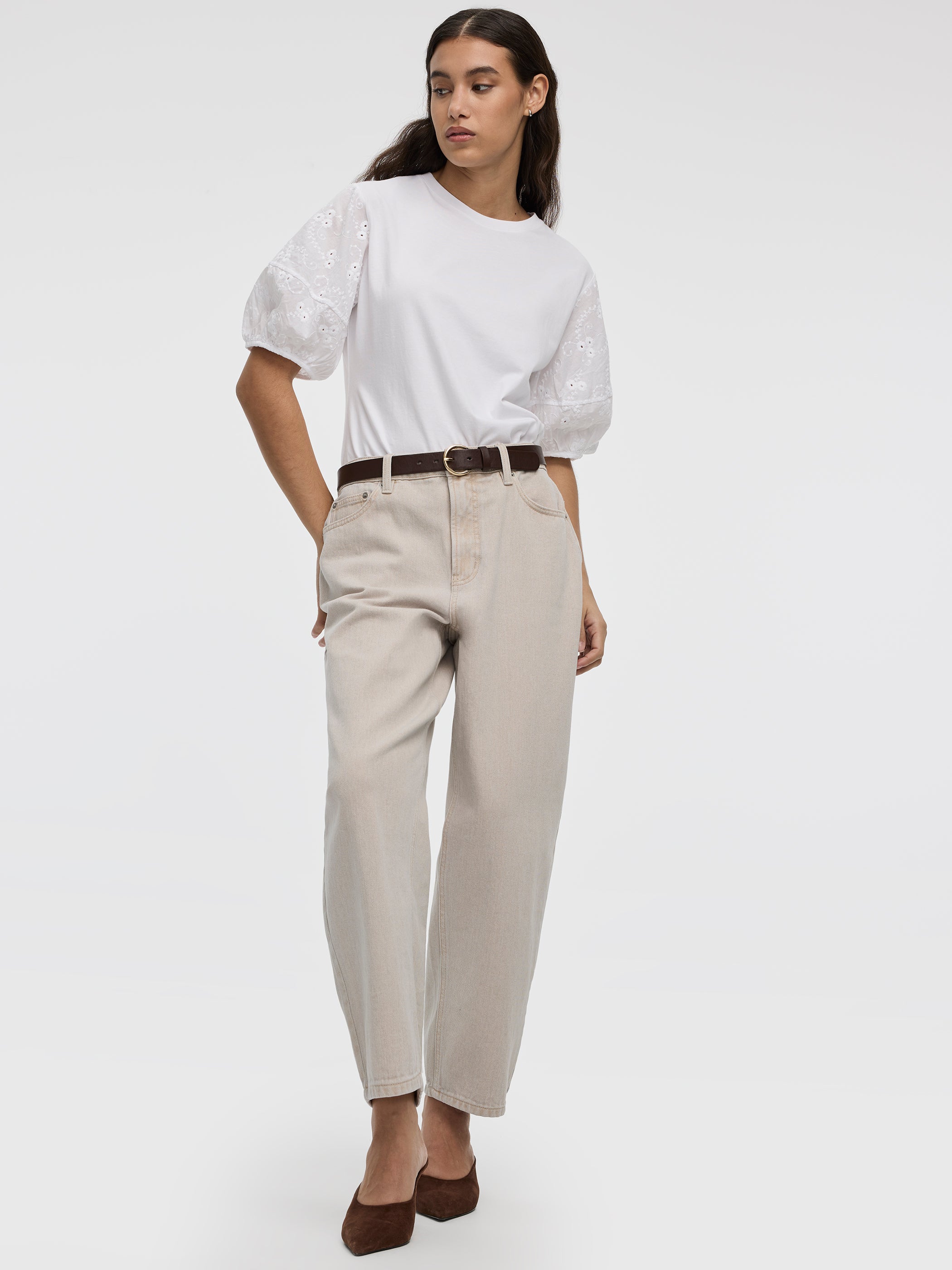 Crew-Neck Mix-Media Top with Short Puffy Sleeves