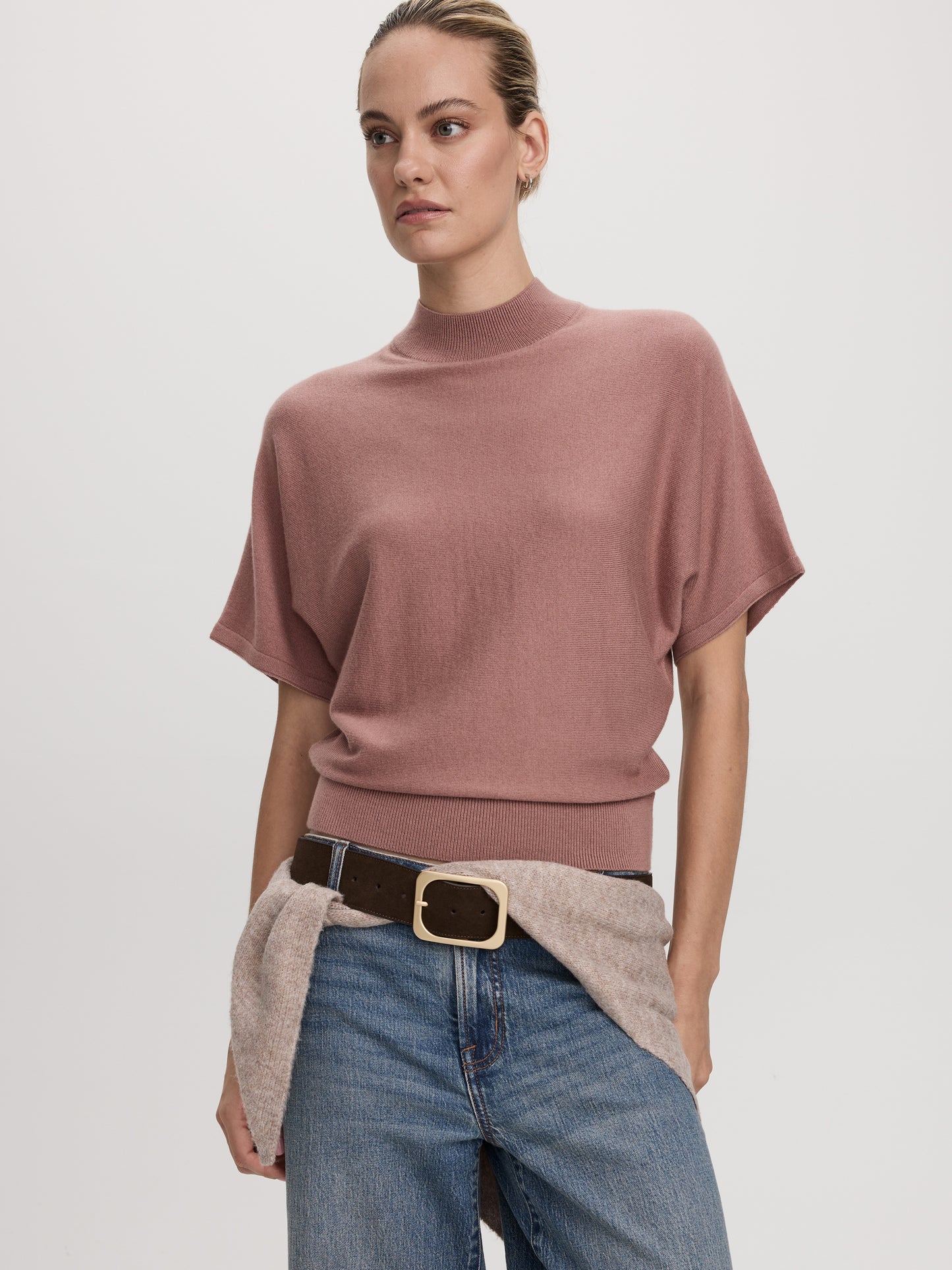 Merino-Blend Short-Sleeve Mock-Neck Sweater