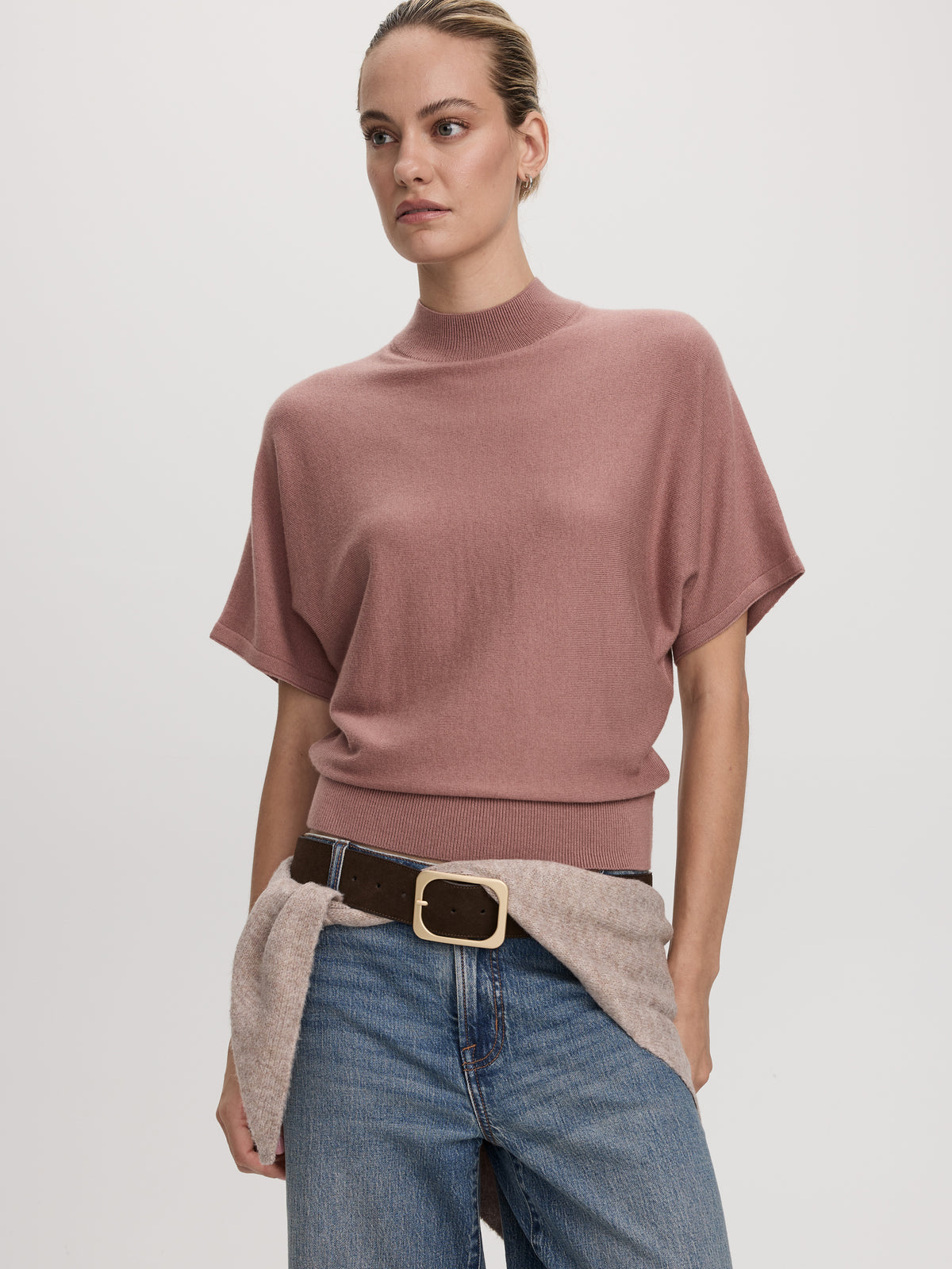 Merino-Blend Short-Sleeve Mock-Neck Sweater