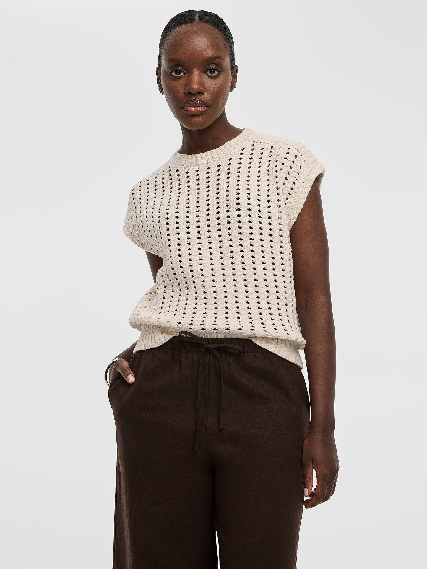 Extended-Sleeve Crew-Neck Sweater with Open Stitches