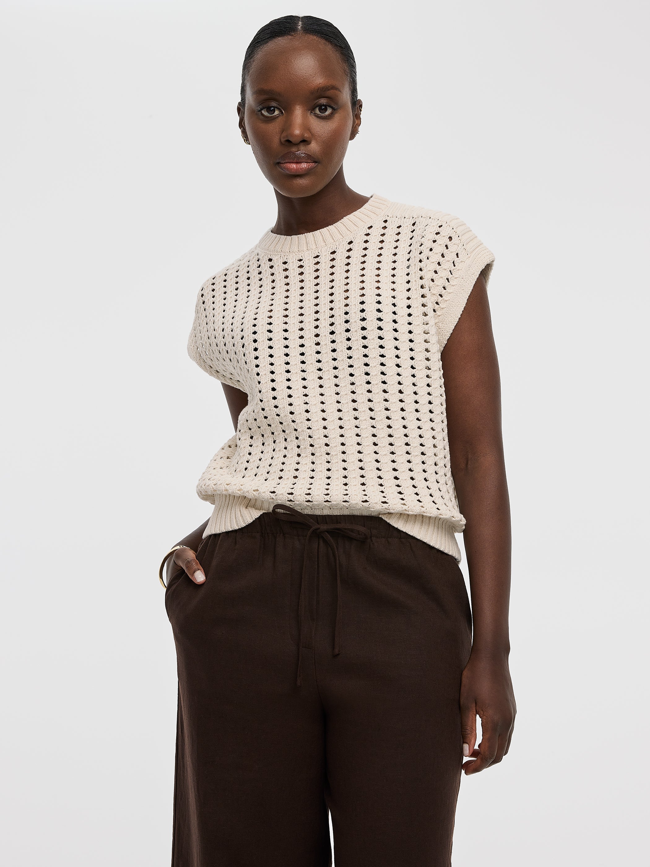 Extended-Sleeve Crew-Neck Sweater with Open Stitches