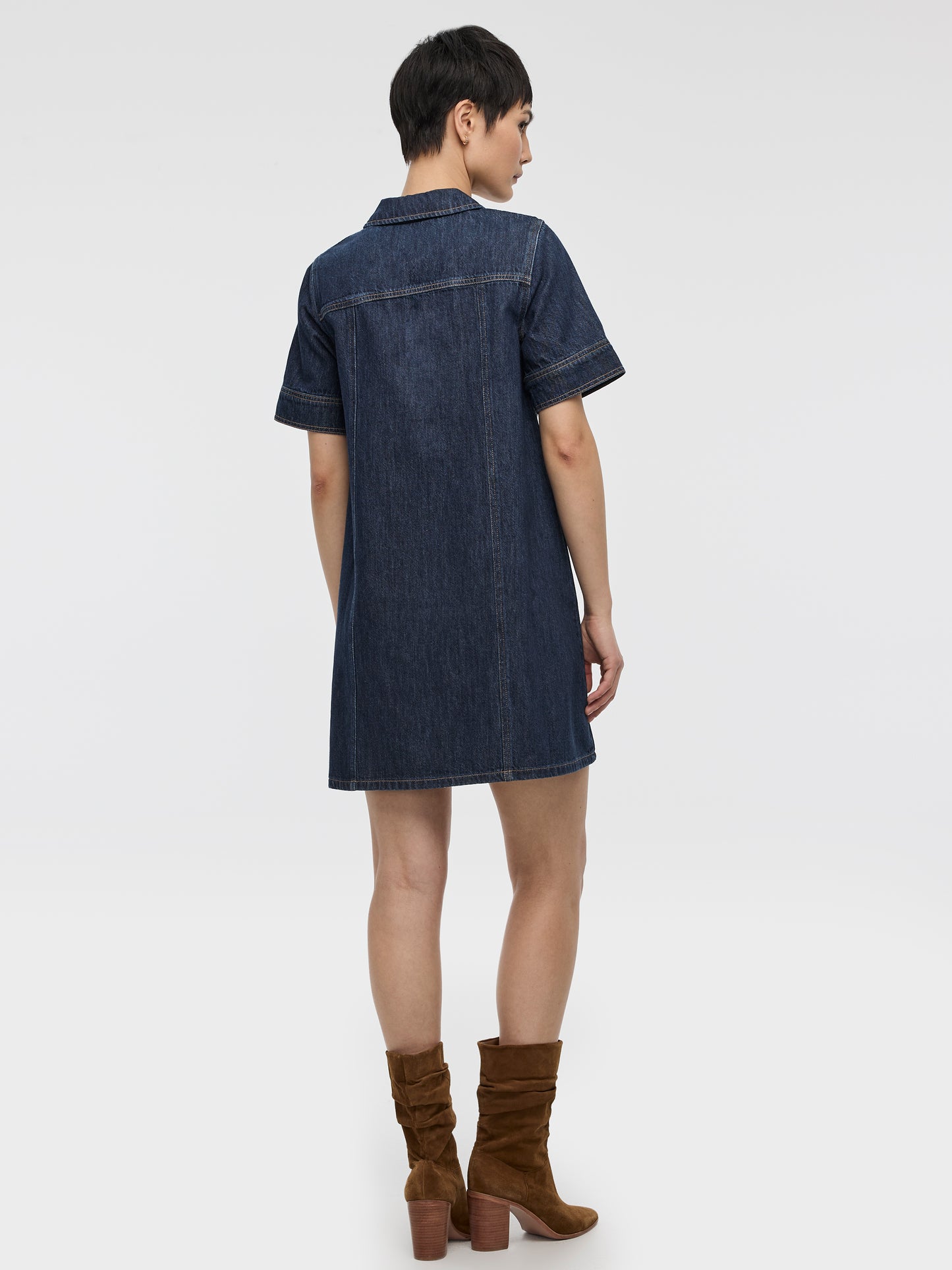 Elbow-Sleeve Shirt-Collar Mini Dress