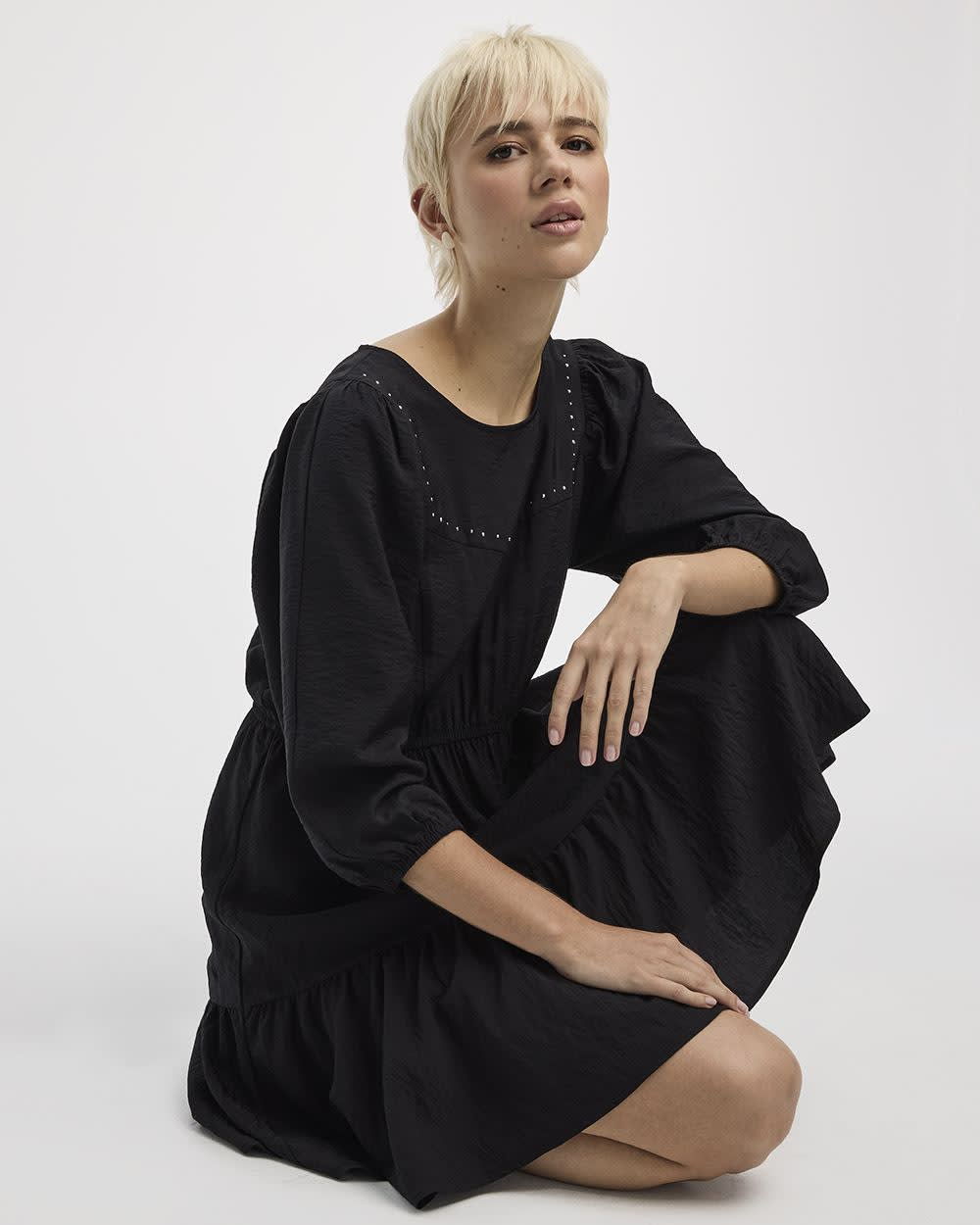 Puffy-Elbow-Sleeve Dress with Crew Neckline