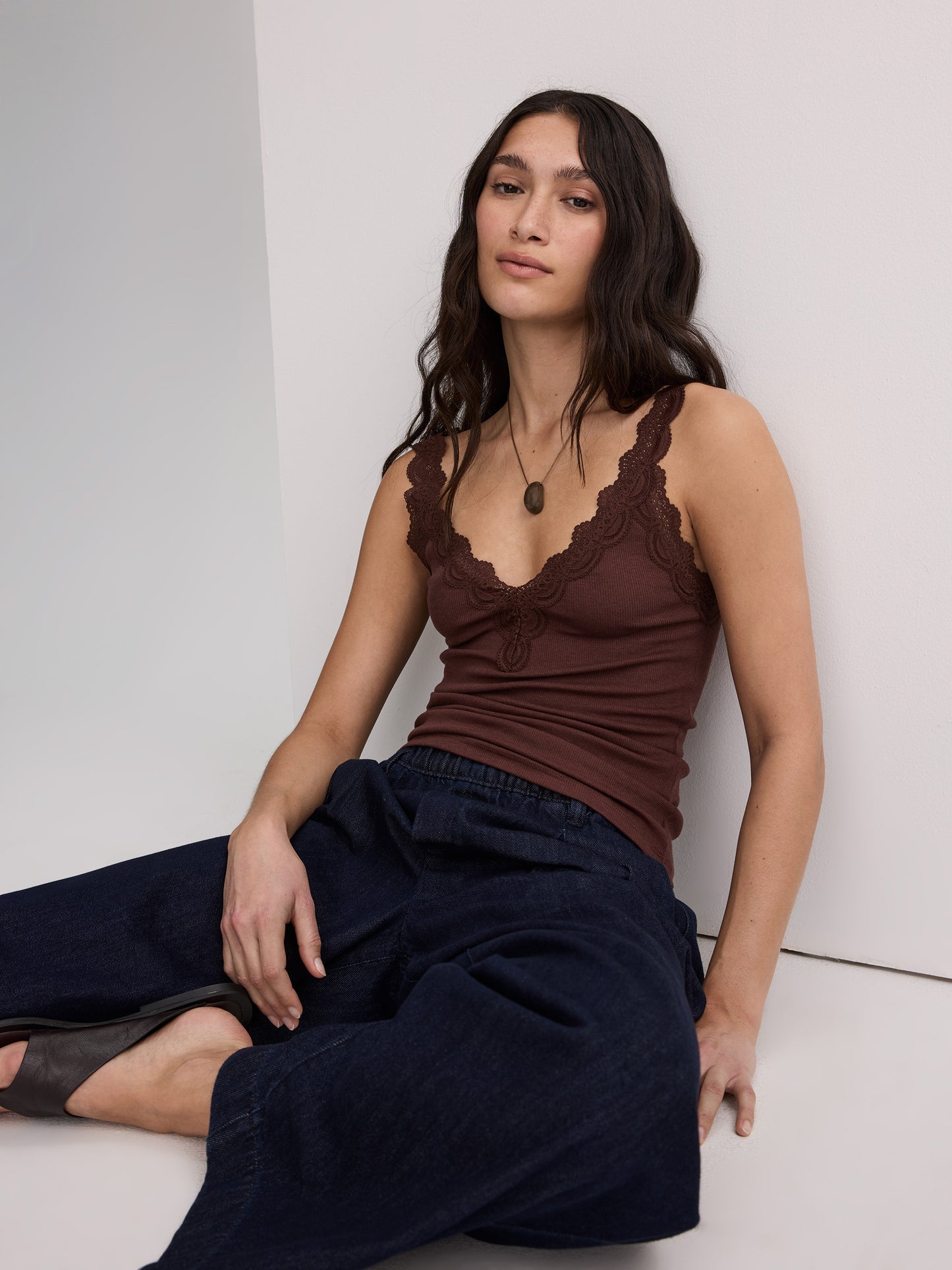 V-Neck Cami with Lace Trim