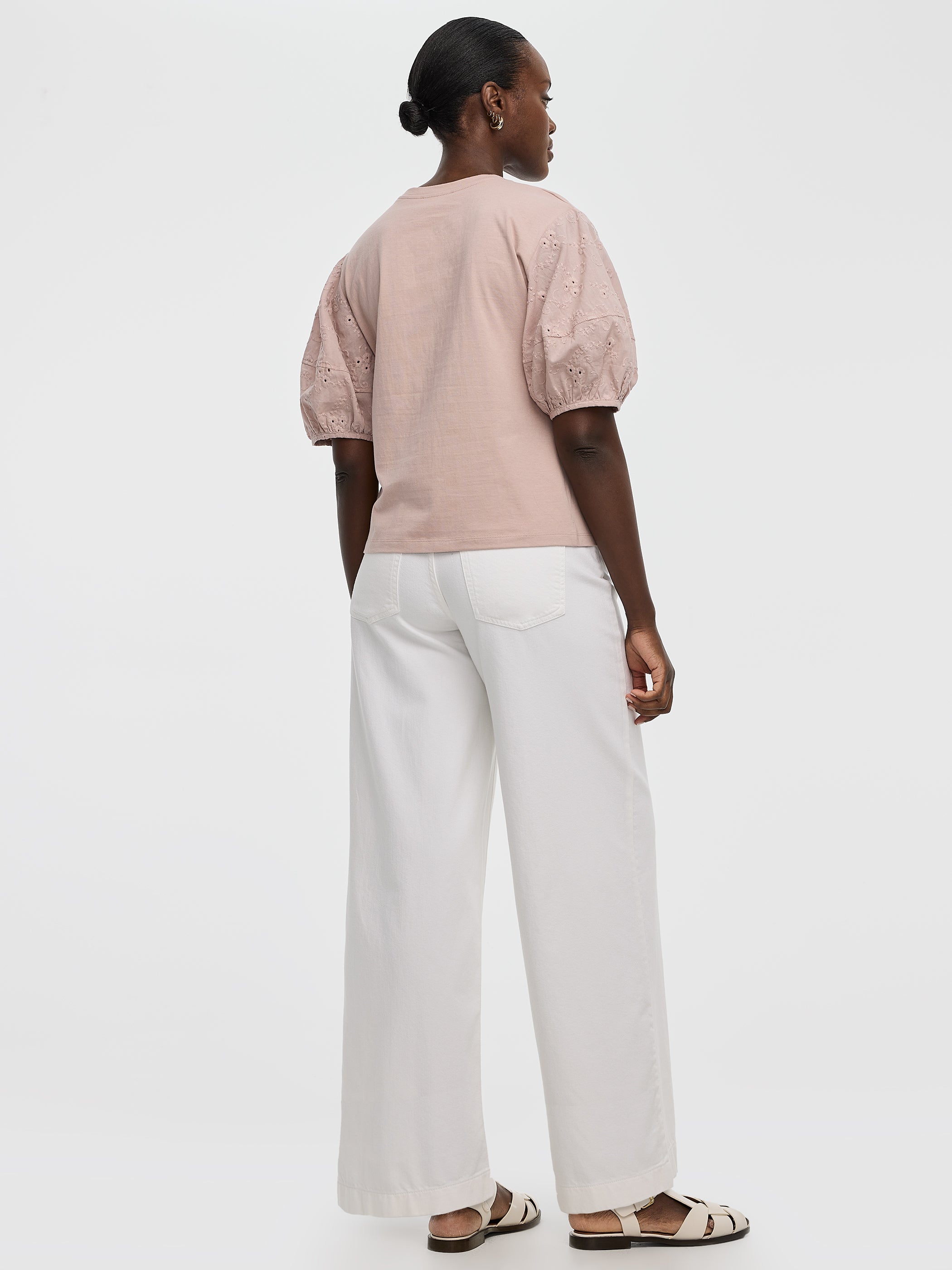 Crew-Neck Mix-Media Top with Short Puffy Sleeves