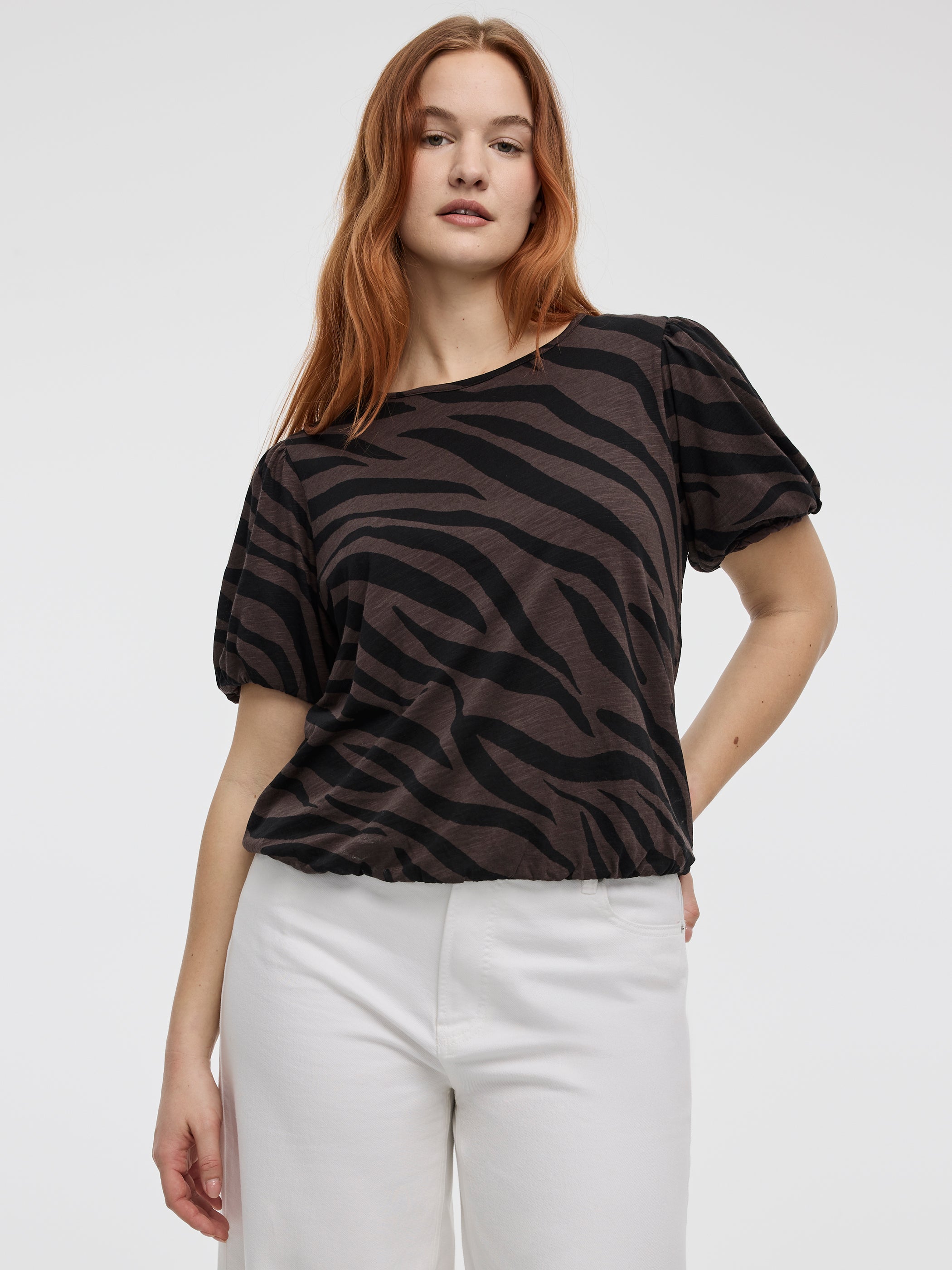 Short-Balloon-Sleeve Crew-Neck Top