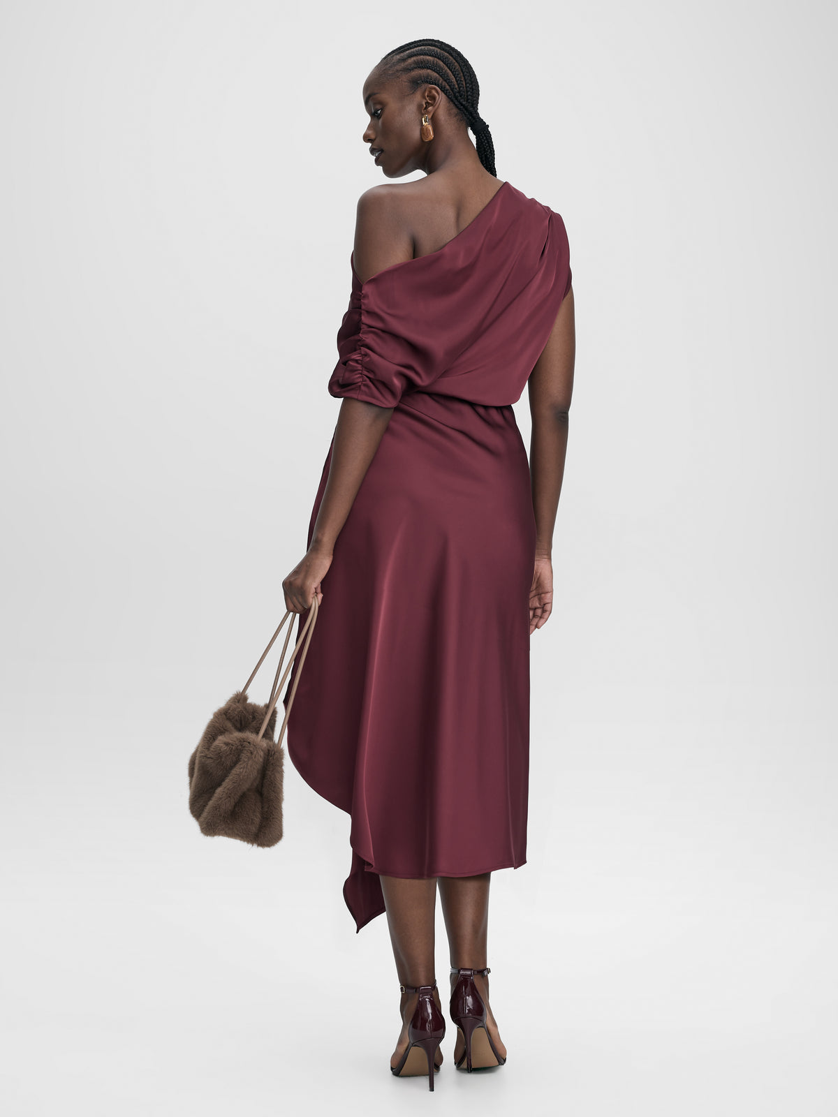 Satin Short-Sleeve Midi Dress with Asymmetrical Neckline