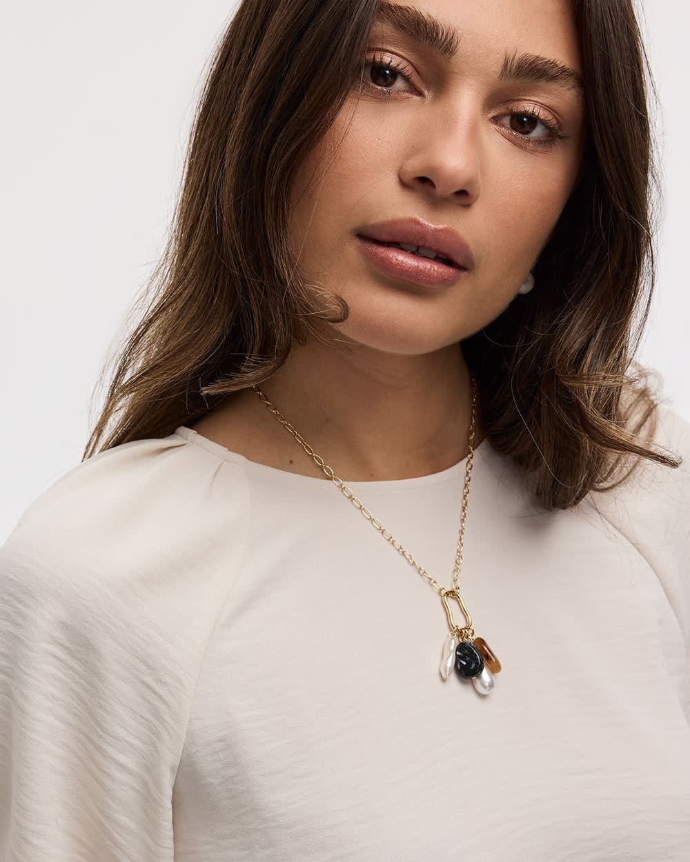 Short-Bubble-Sleeve Crew-Neck Blouse