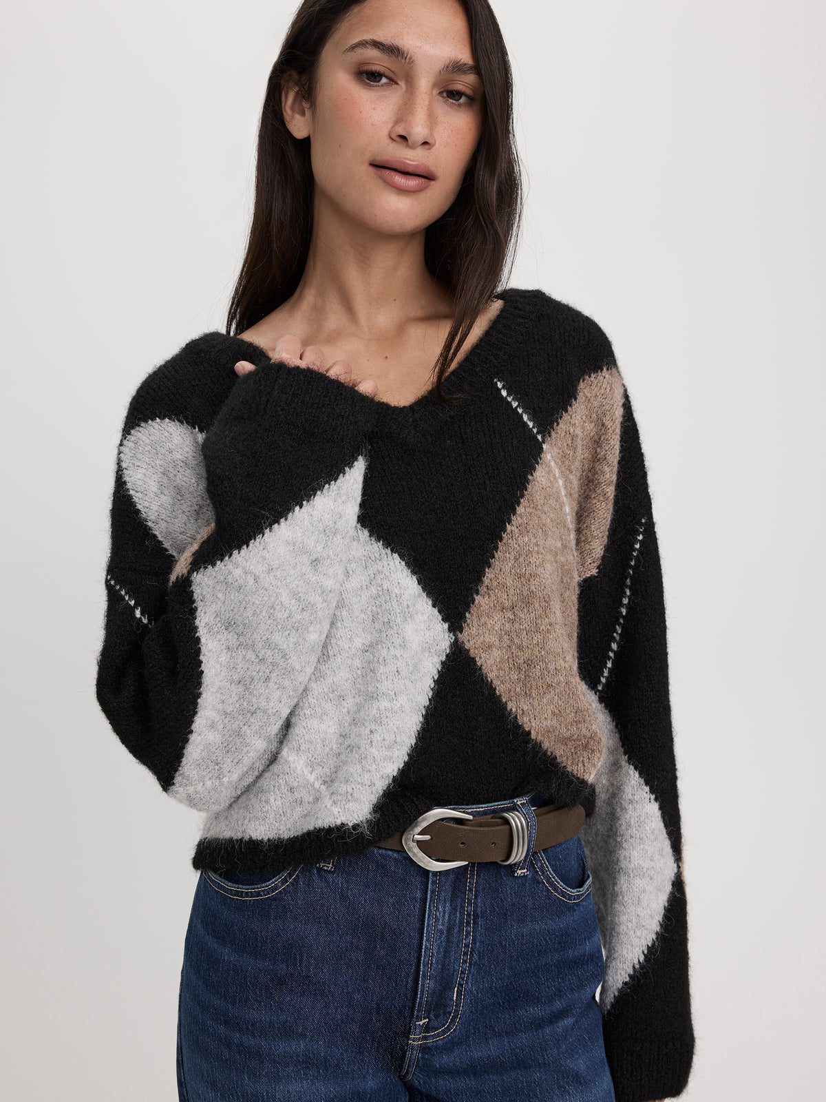 Long-Sleeve V-Neck Argyle Sweater