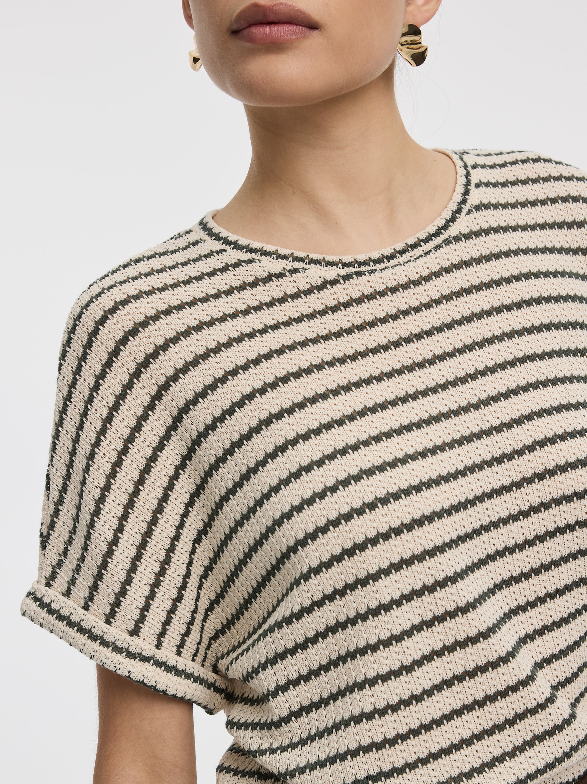 Striped Short-Dolman-Sleeve Crew-Neck Tee