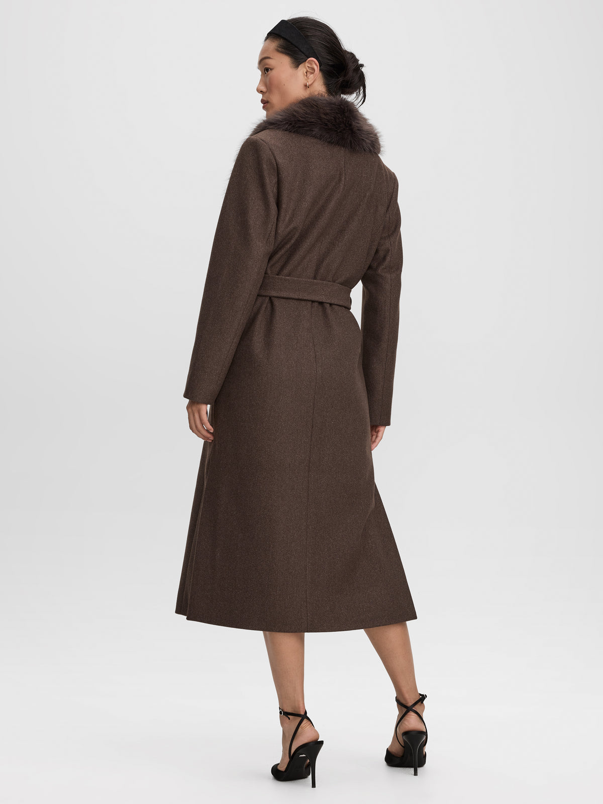 Wool-Blend Long Jacket with Sash and Removable Faux Fur