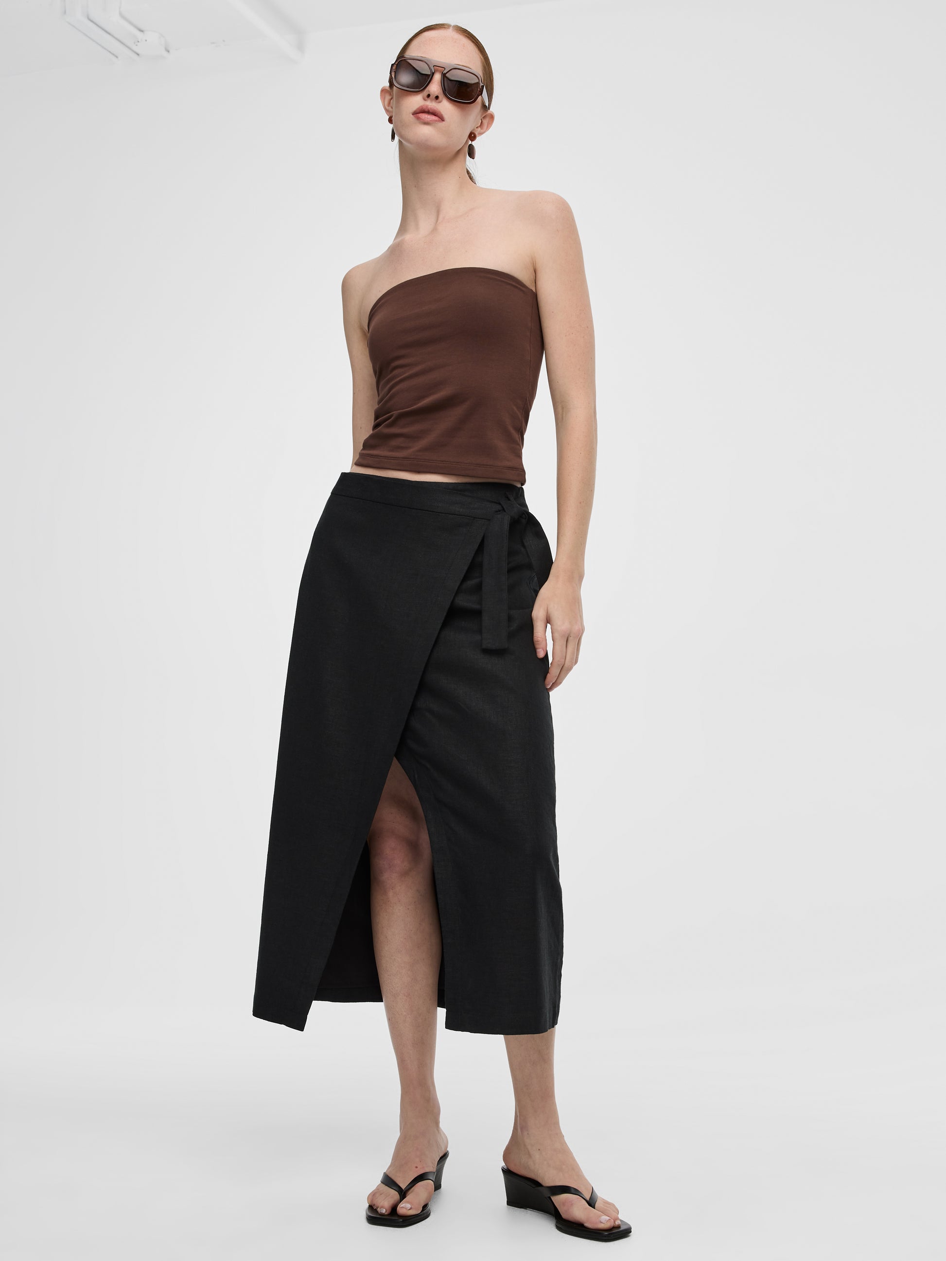 Linen-Blend Wrap Maxi Skirt