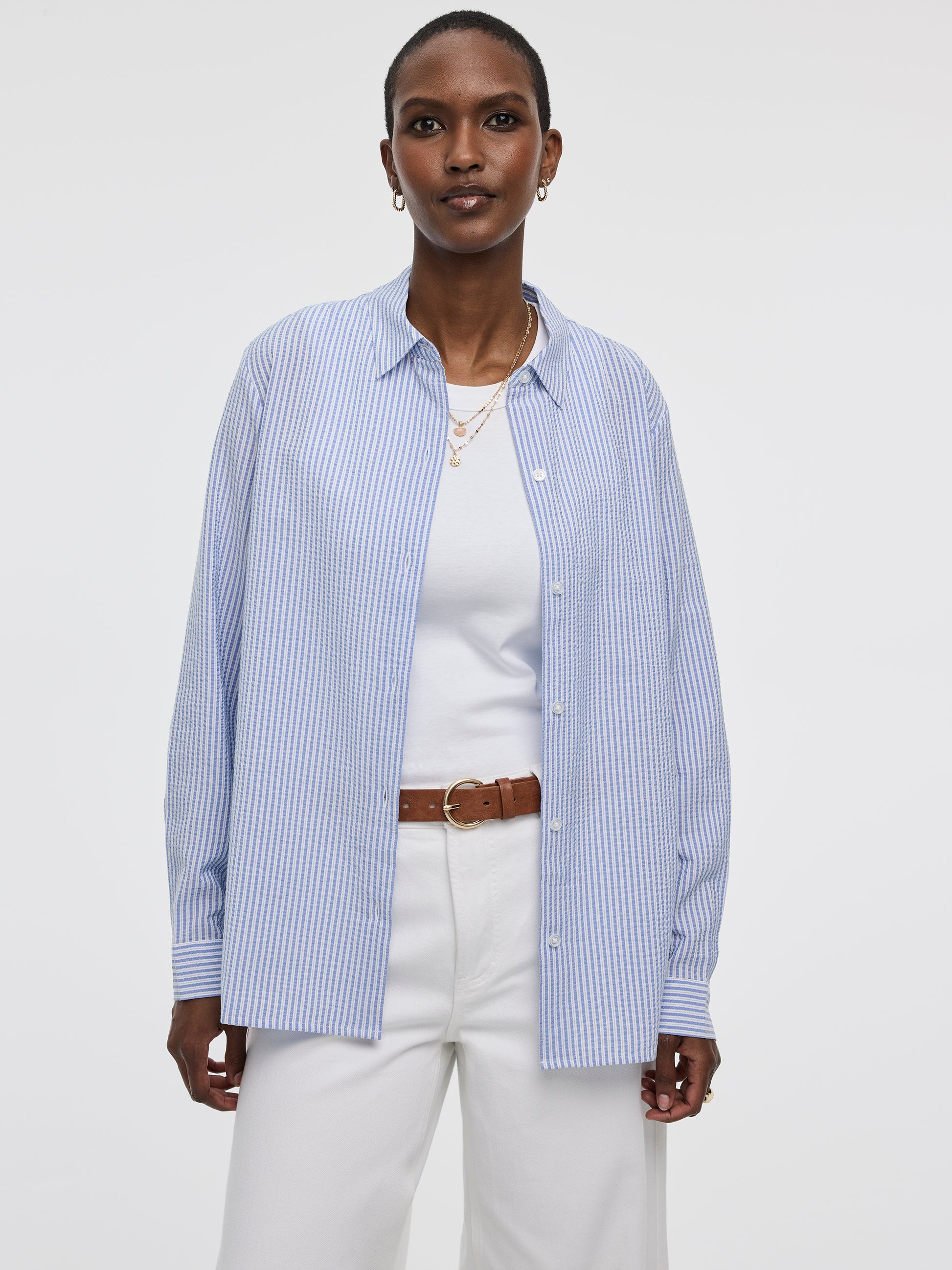 Long-Sleeve Buttoned-Down Seersucker Blouse