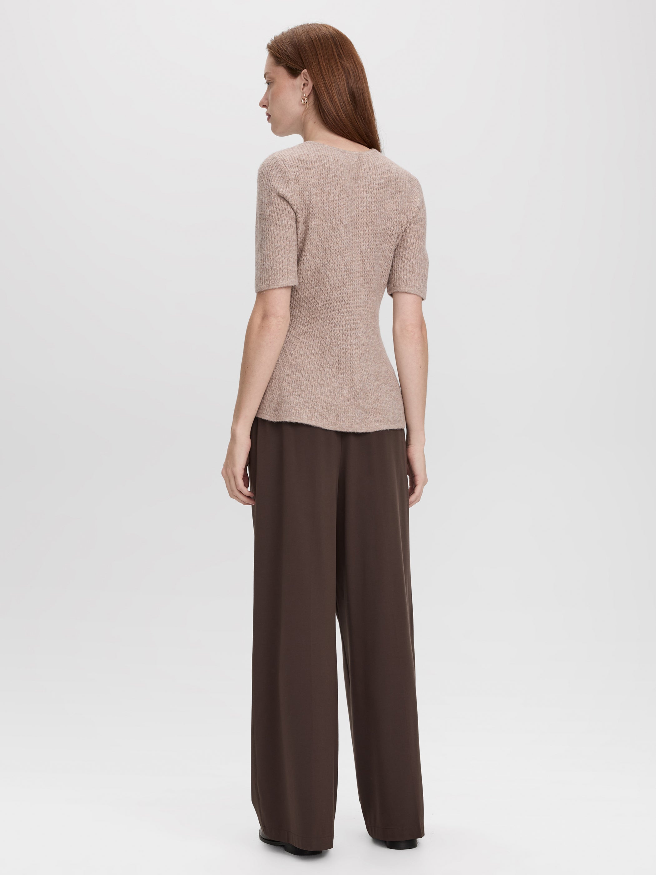 Elbow-Sleeve Crew-Neck Sweater with Half-Cardigan Stitches