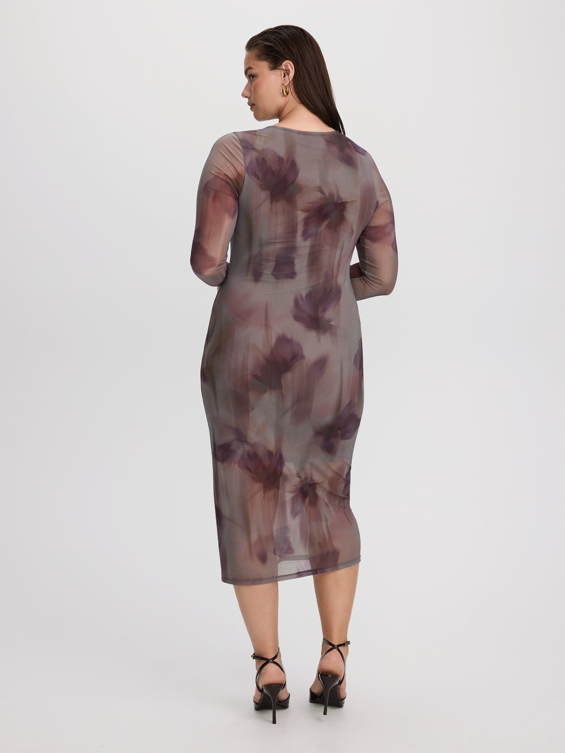 Long-Sleeve Mesh Midi Dress with Side Shirrings