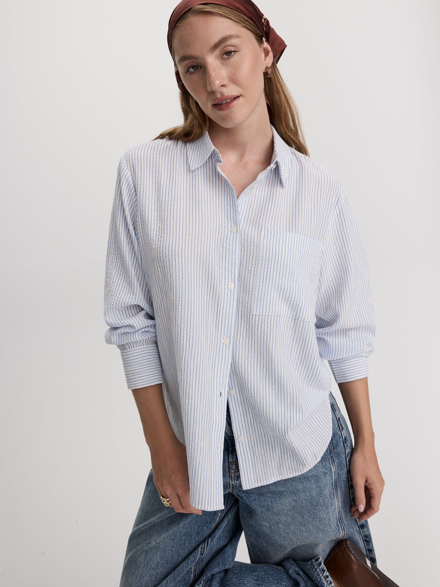Striped Long-Sleeve Buttoned-Down Seersucker Blouse