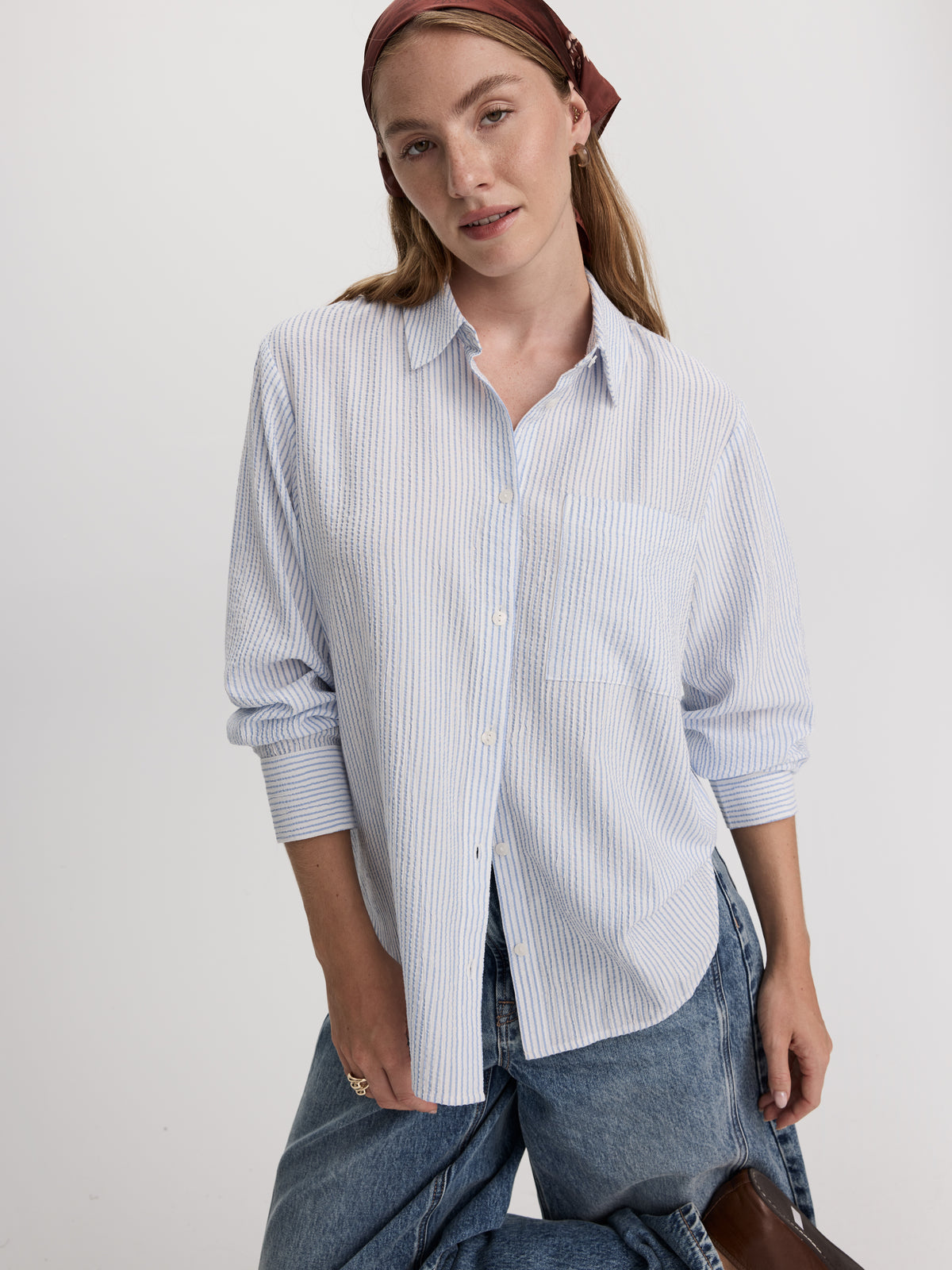Striped Long-Sleeve Buttoned-Down Seersucker Blouse