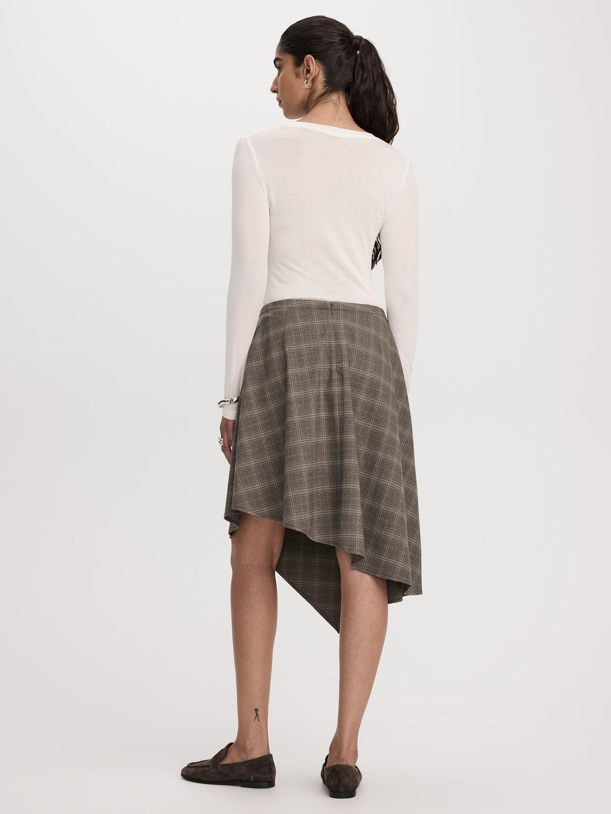Plaid Midi Skirt with Asymmetrical Hem