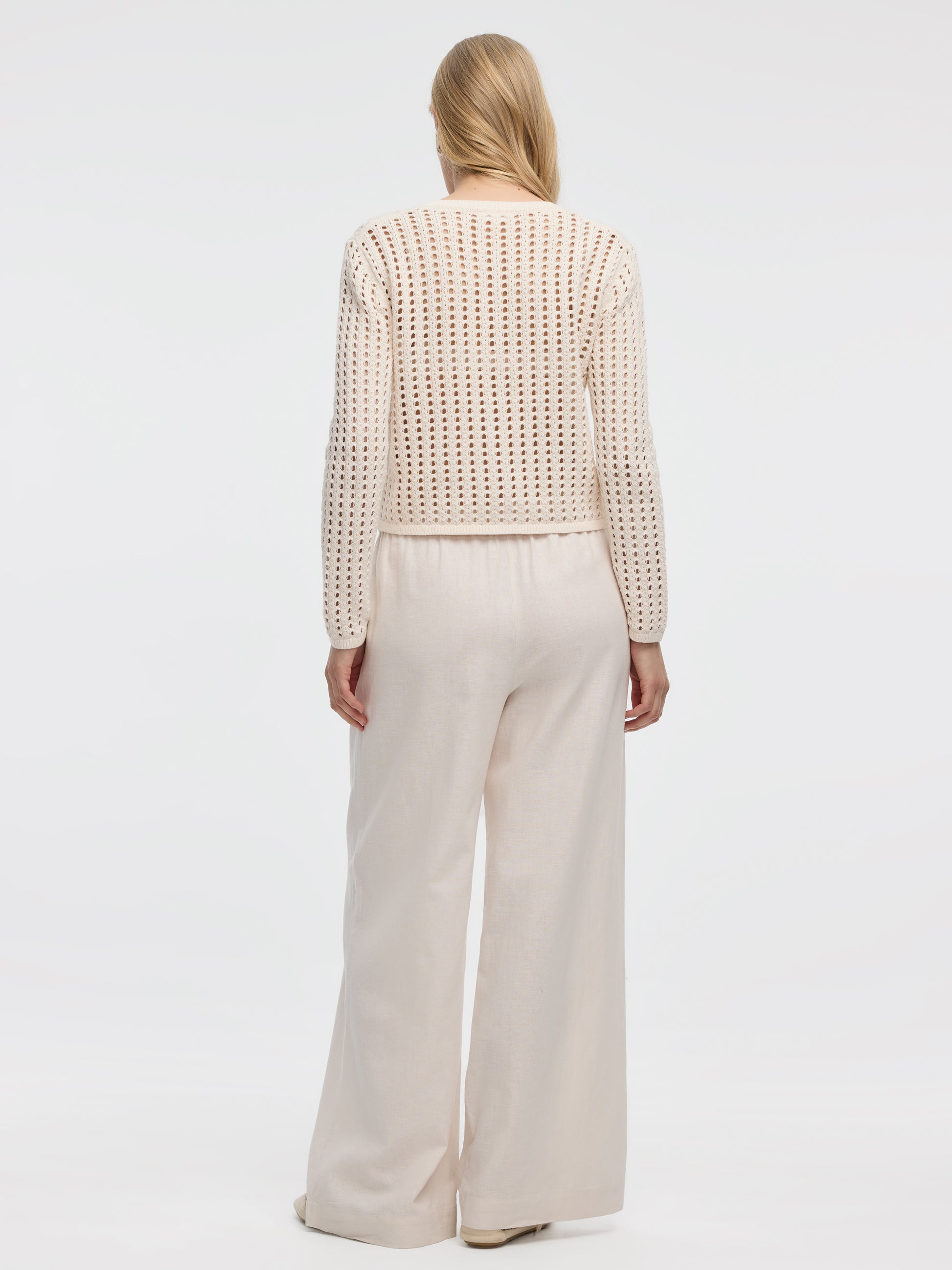 Long-Sleeve Crew-Neck Cardigan with Open Stitches