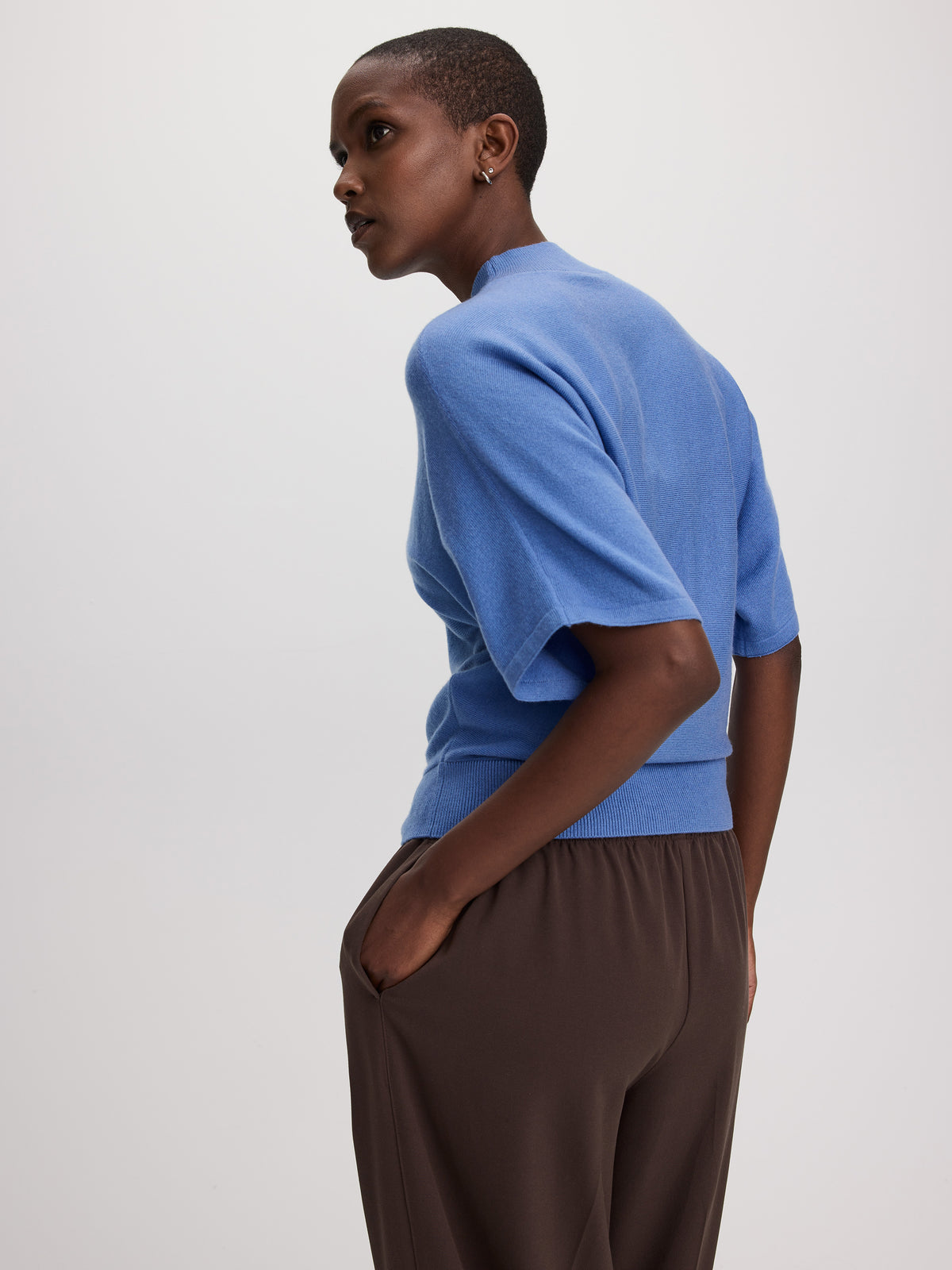 Merino-Blend Short-Sleeve Mock-Neck Sweater