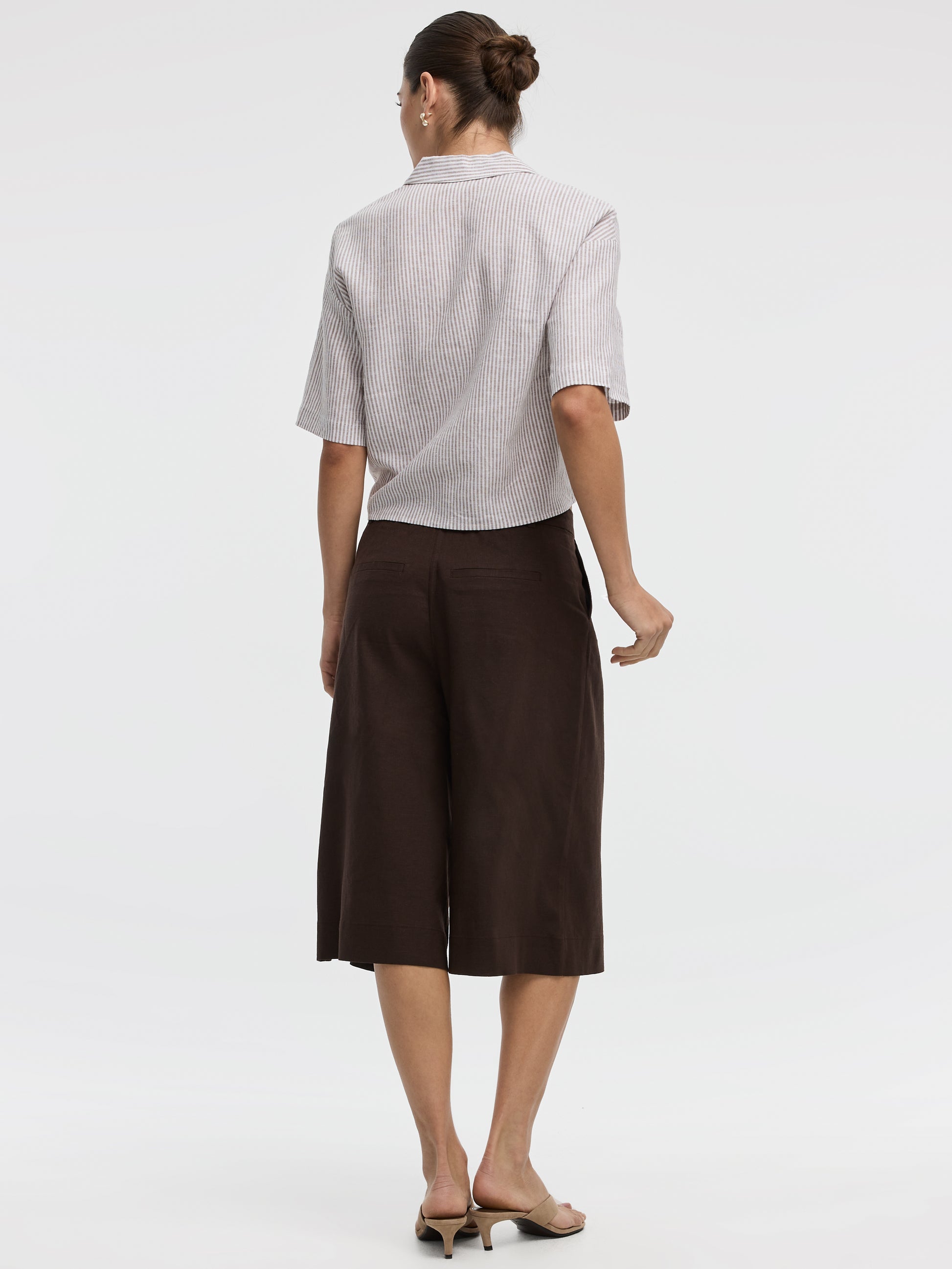 Striped Short-Sleeve V-Neck Blouse with Self-Tie Closure