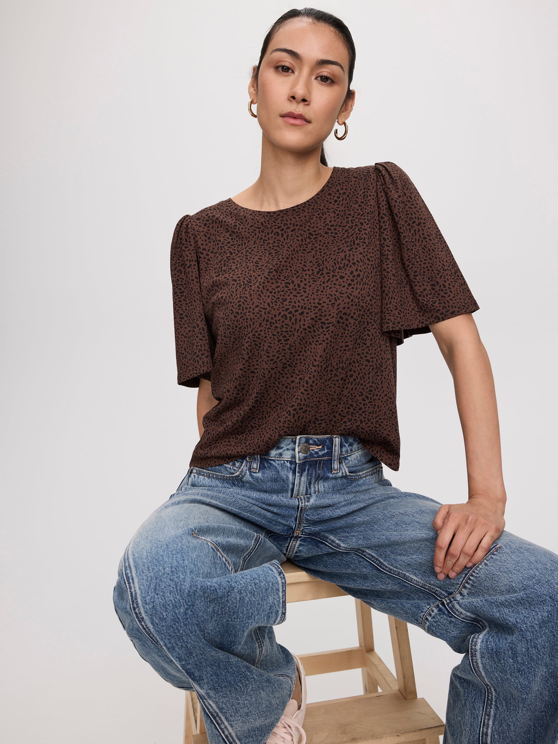 Crew-Neck Top with Short Flutter Sleeves