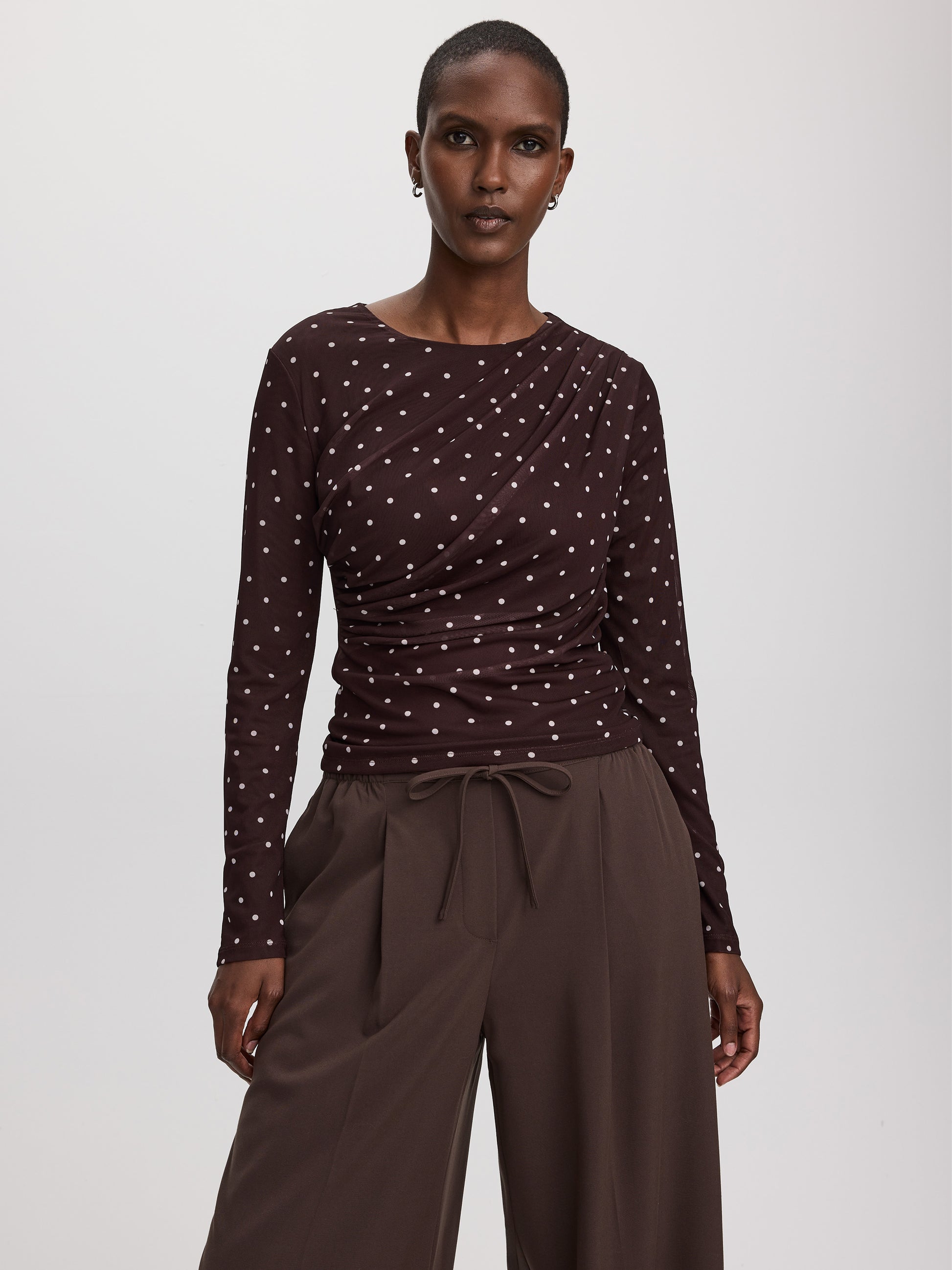 Long-Sleeve Crew-Neck Draped Top