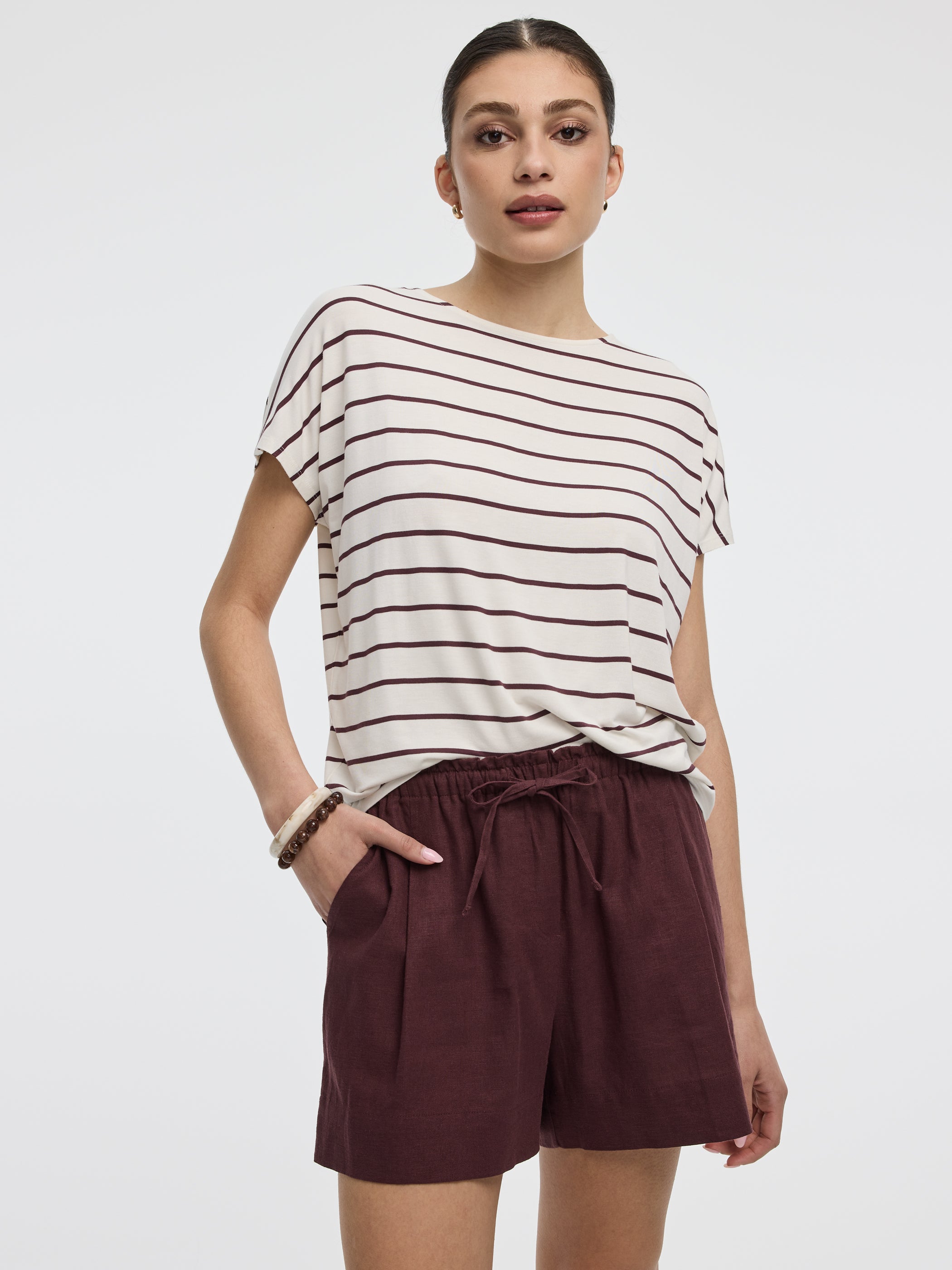 Striped Short-Dolman-Sleeve Boat-Neck T-Shirt