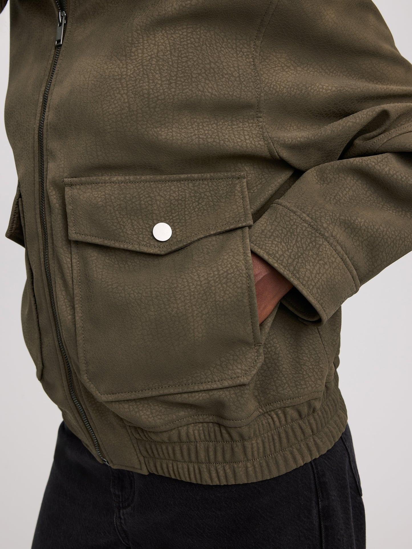 Faux Suede Bomber Jacket with Faux Leather Collar