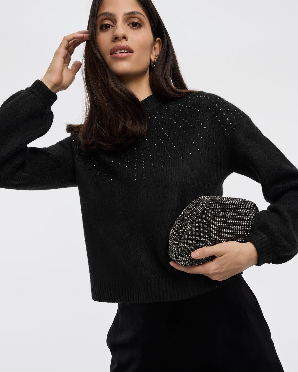 Long-Sleeve Mock-Neck Pullover with Rhinestones