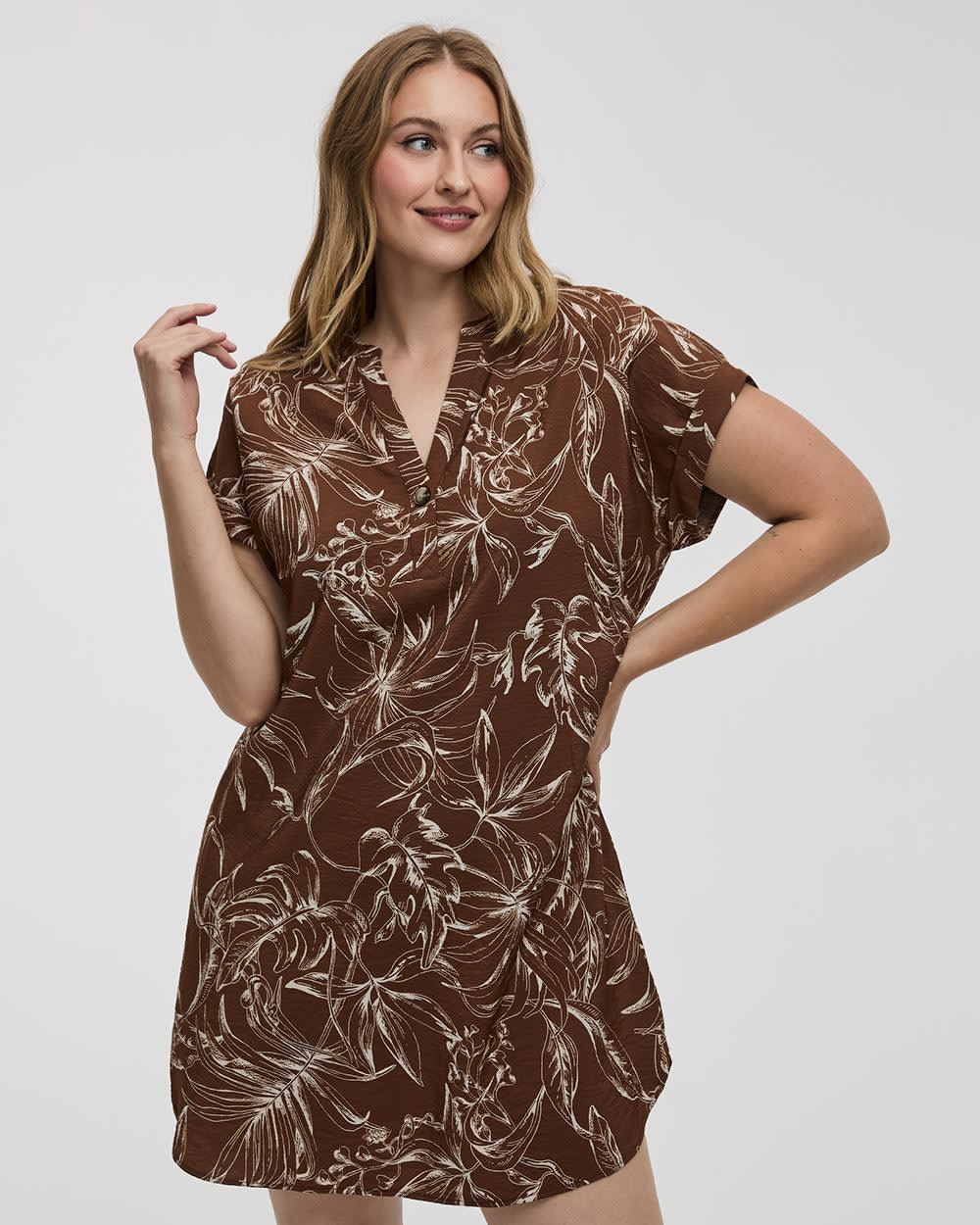 Extended-Sleeve Shift Dress with Split Neckline