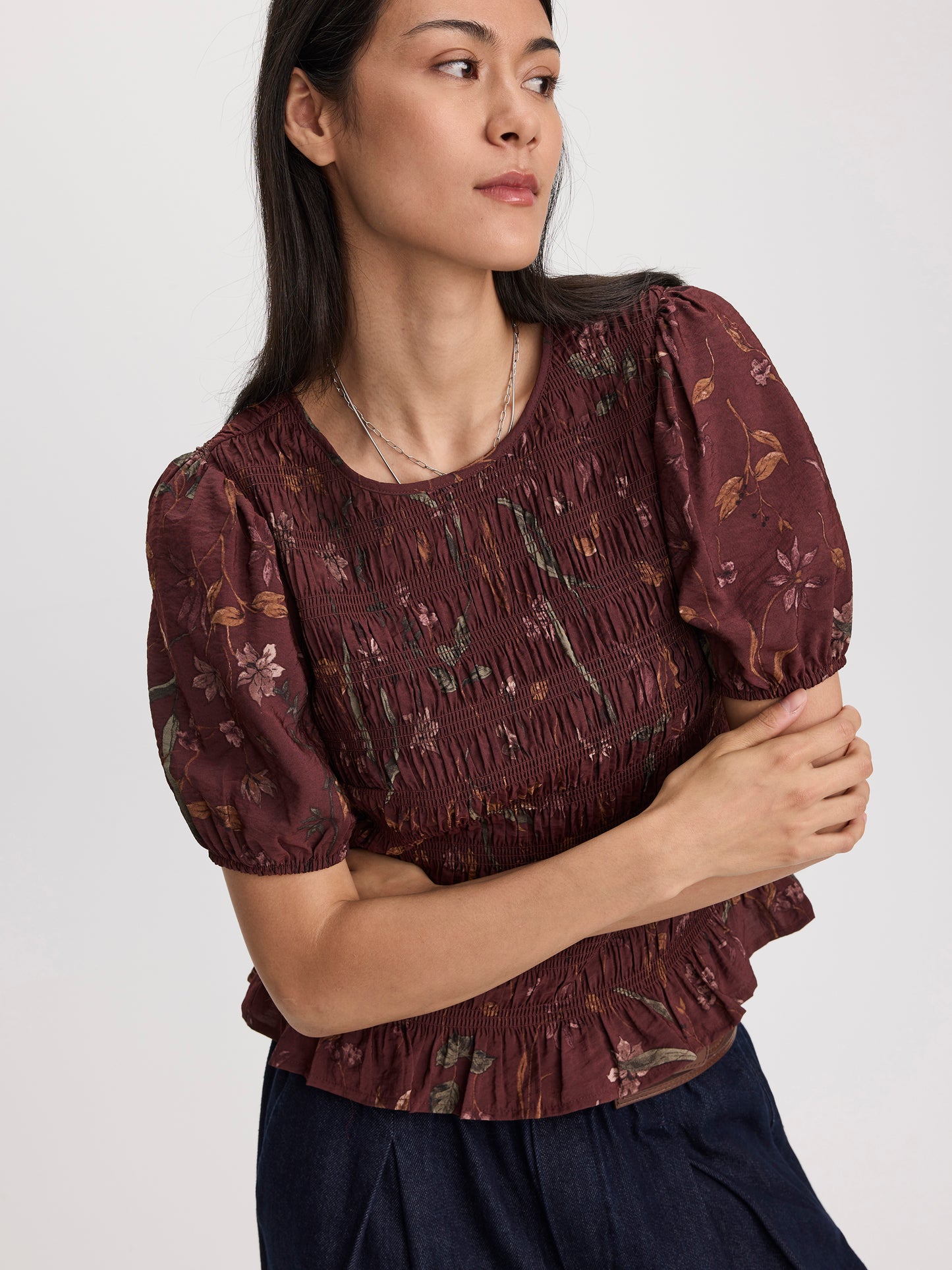 Smocked Blouse with Short Bubble Sleeves