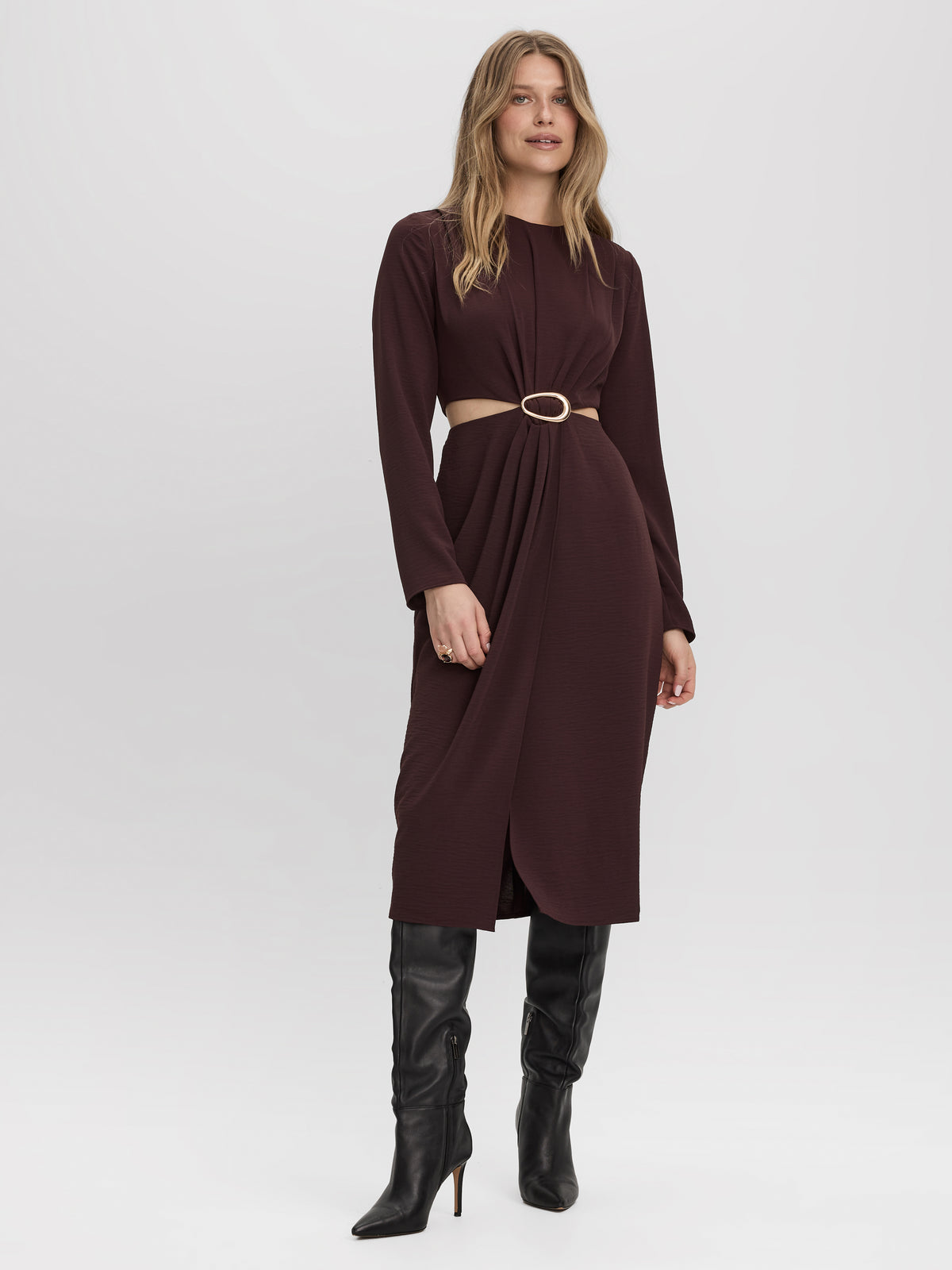Long-Sleeve Midi Dress with Cut-Out Details