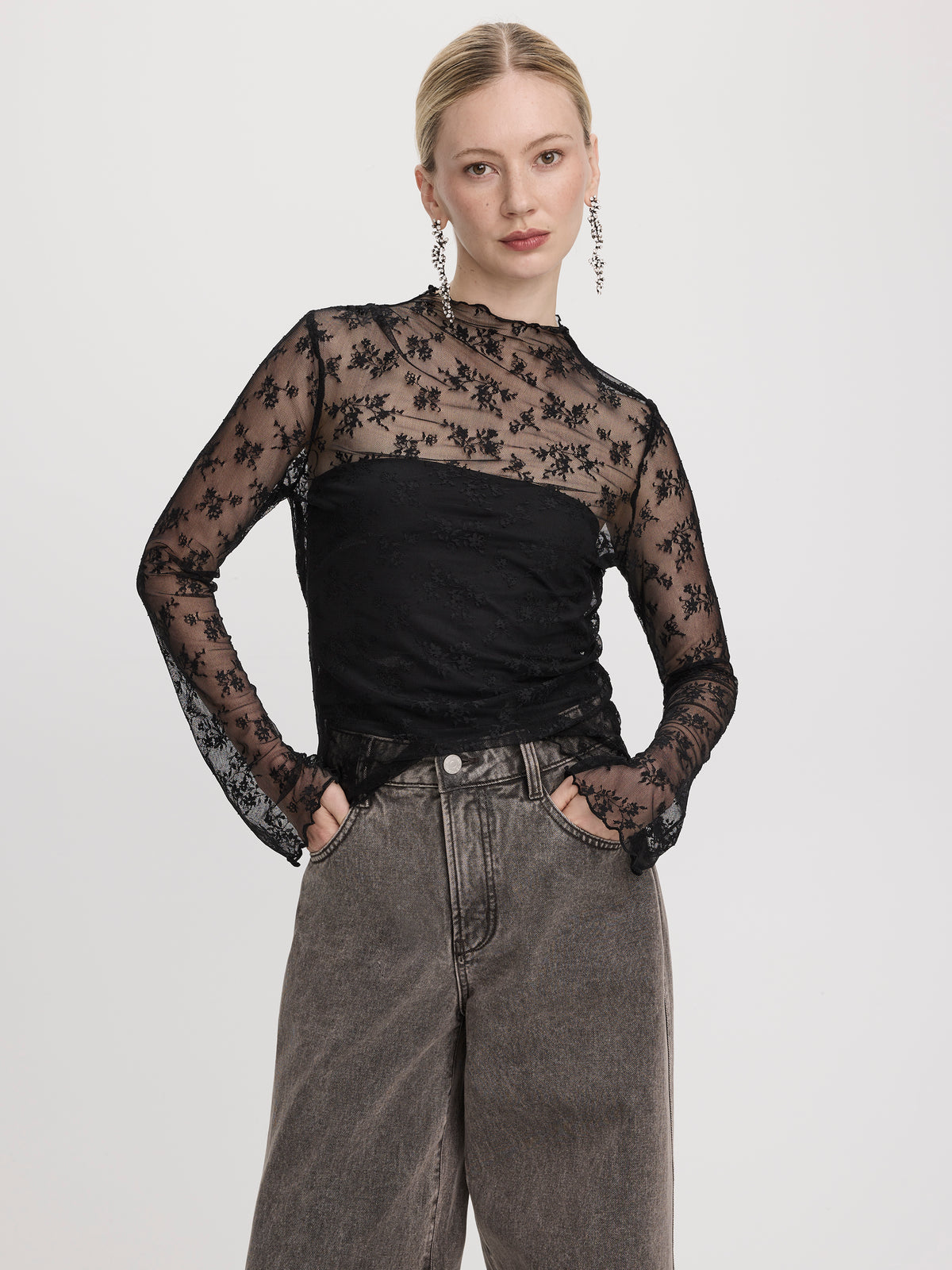 Long-Sleeve Mock-Neck Lace Top