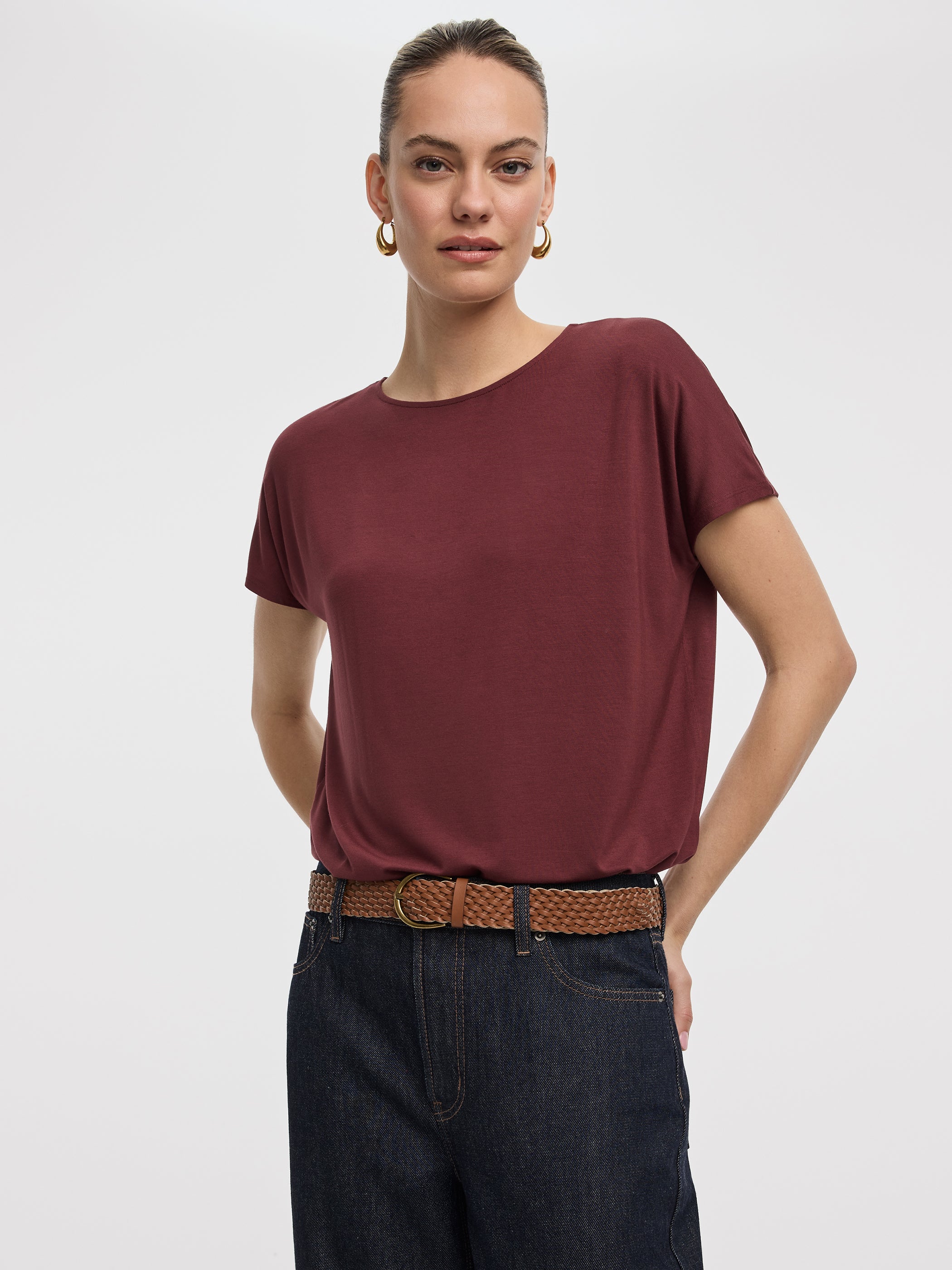 Short-Dolman-Sleeve Boat-Neck T-Shirt