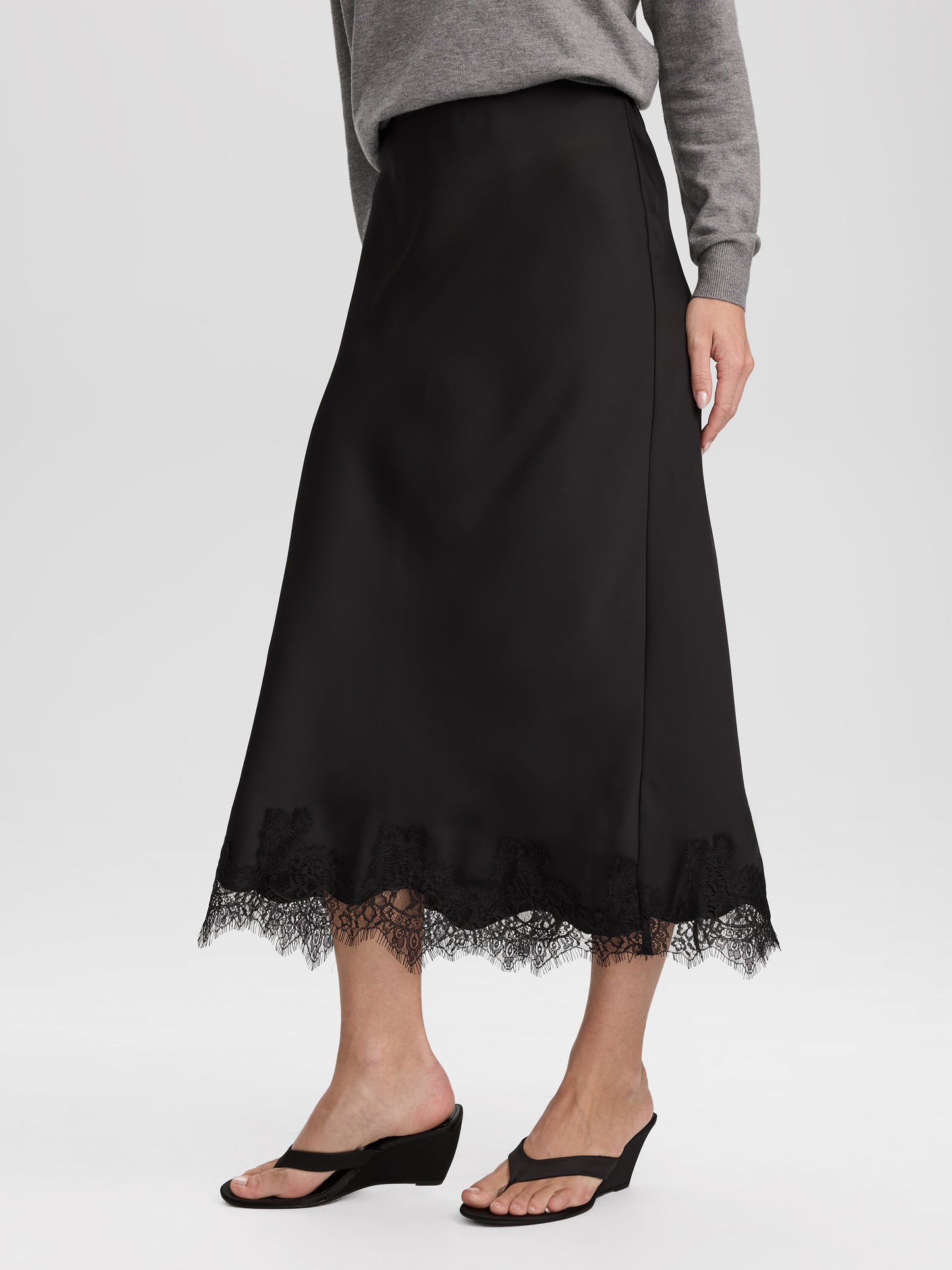 Satin Midi Skirt with Lace Trim