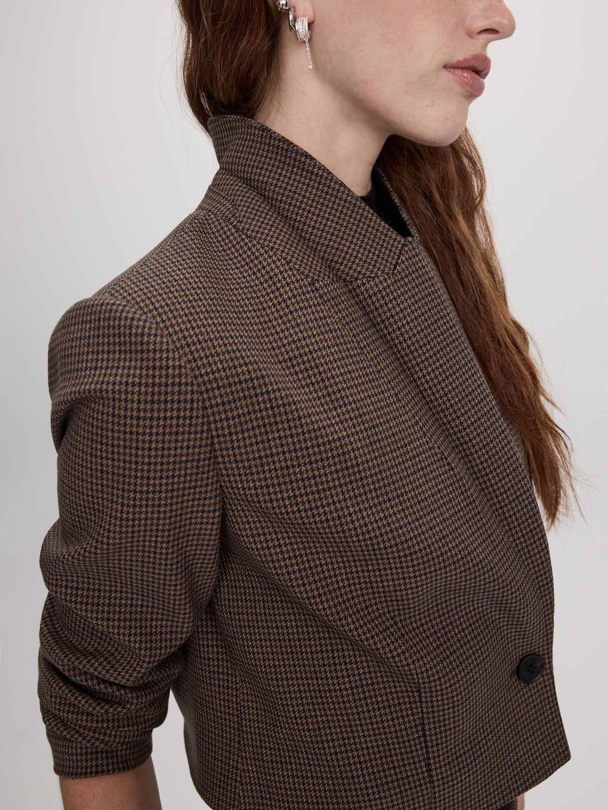 Short One-Button Houndstooth Blazer