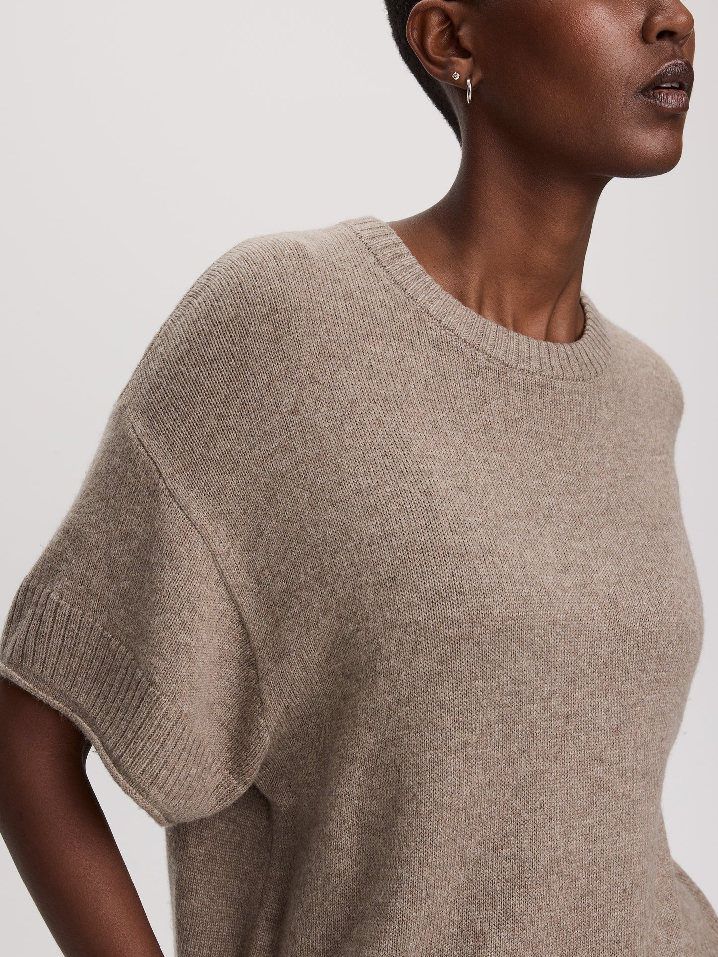 Cashmere-Blend Short-Sleeve Crew-Neck Loose Sweater