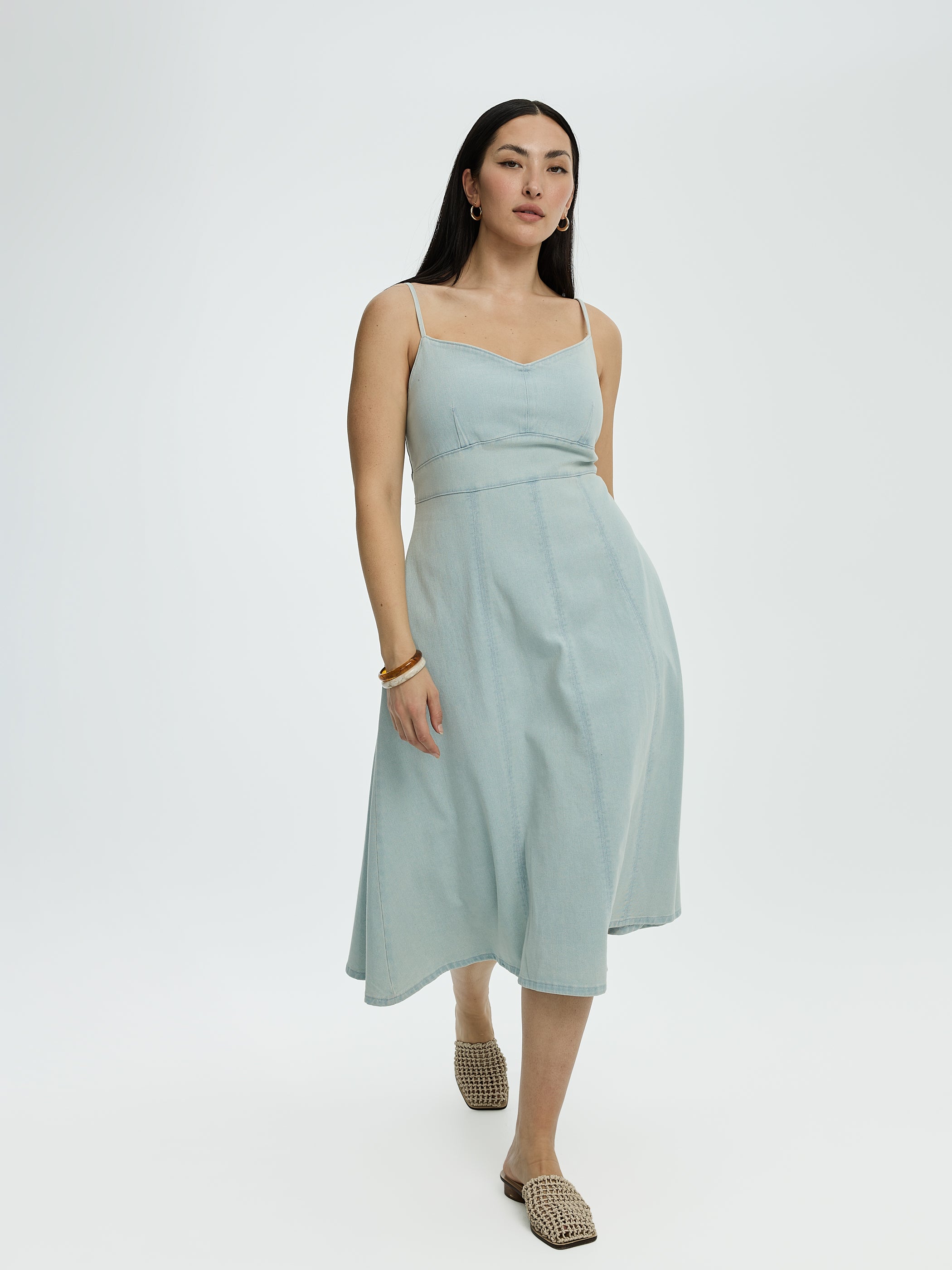 Sleeveless Denim Midi Dress with Sweetheart Neckline