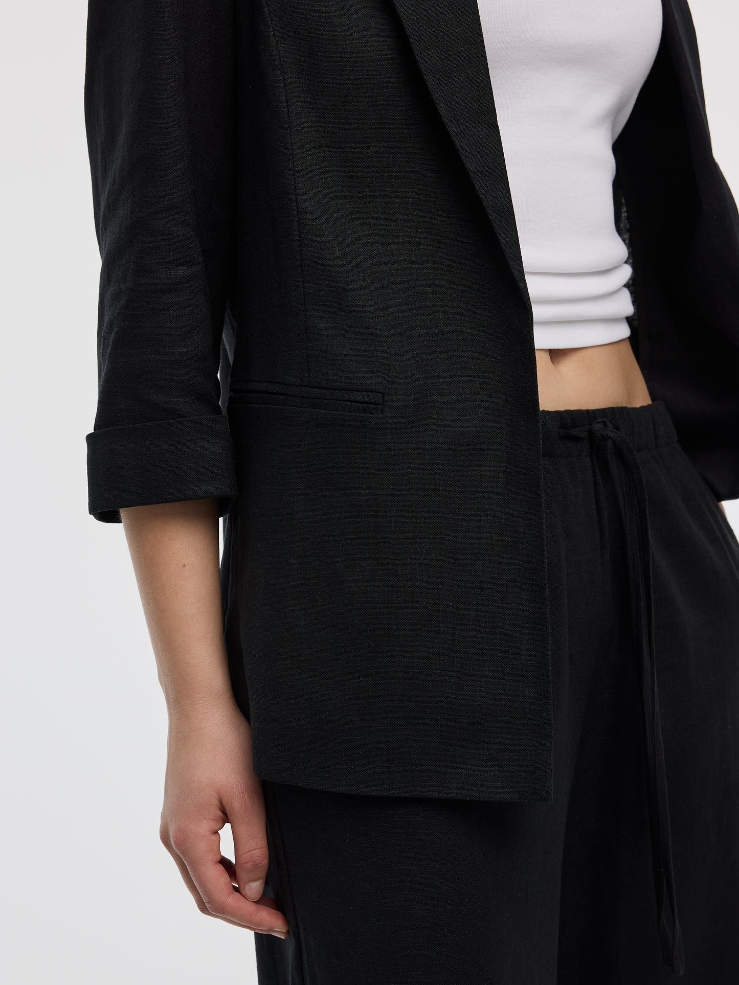 Open Linen Blazer with 3/4 Sleeves